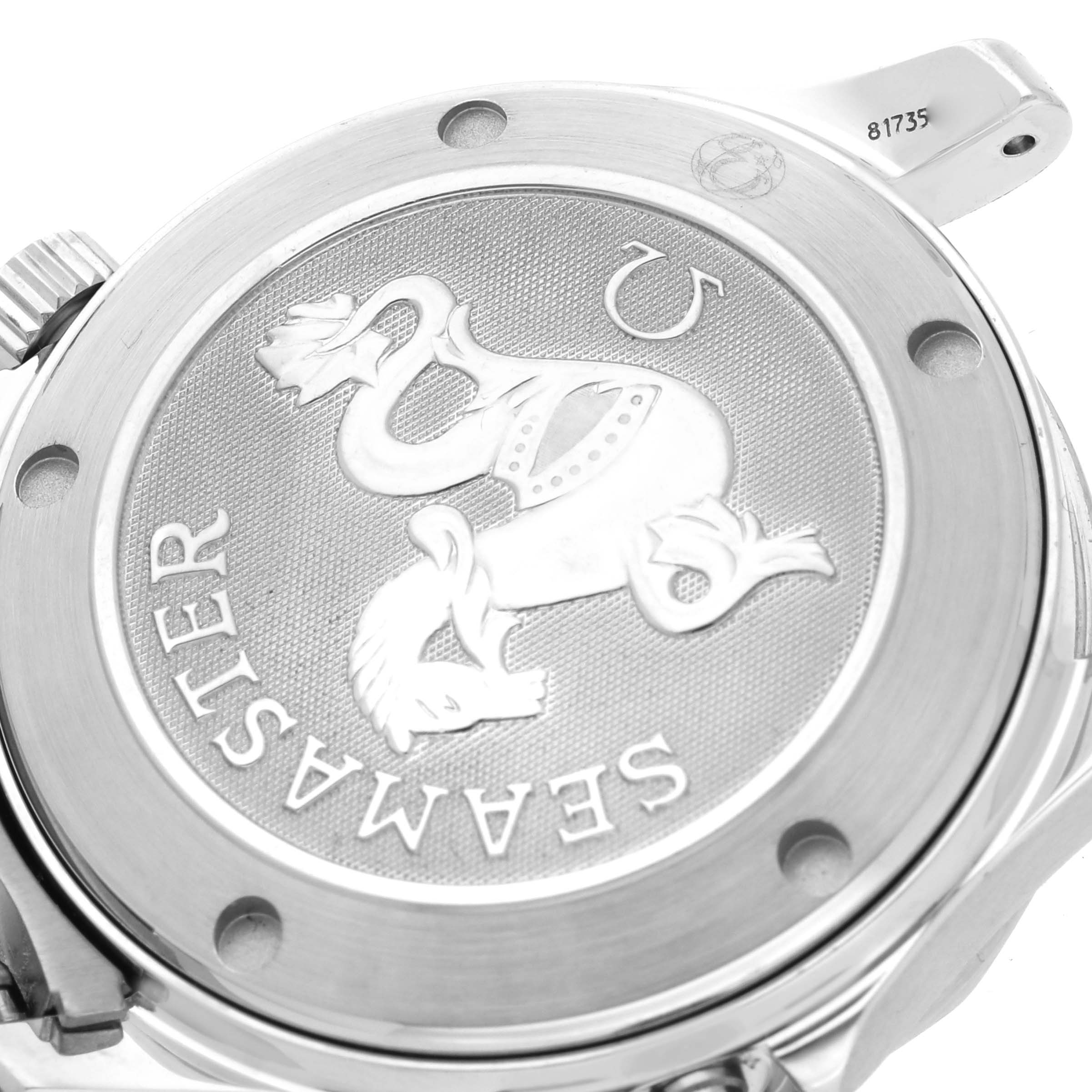 The image shows the back case of an Omega Seamaster 2222.80.00 Men
s Stainless Steel Blue Dial 2222.80.00 Men
s Stainless Steel Blue Dial, highlighting its embossed logo and engravings.