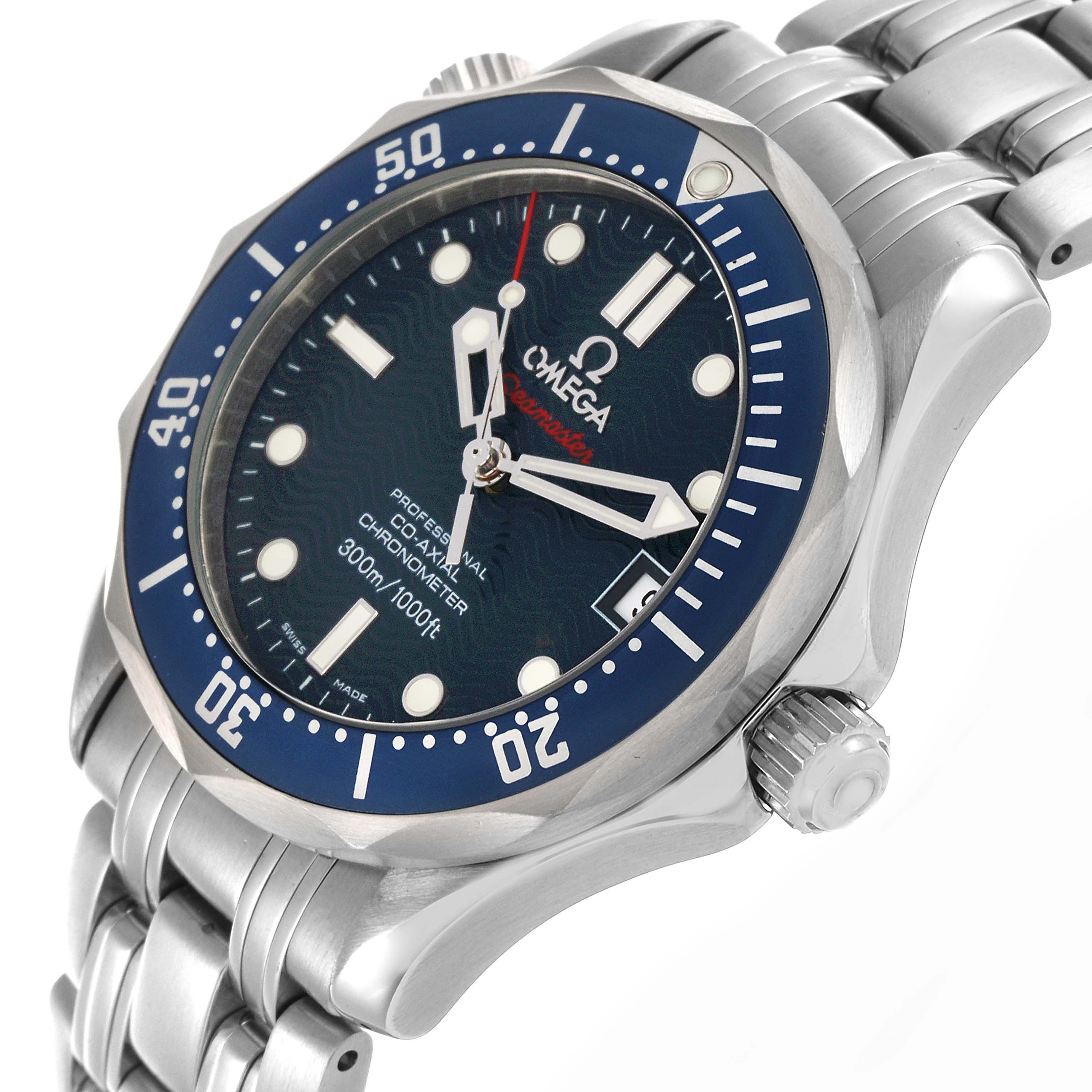 The Omega Seamaster 2222.80.00 Men
s Stainless Steel Blue Dial 2222.80.00 Men
s Stainless Steel Blue Dial watch is shown from an angled side view, highlighting the face, bezel, crown, and bracelet.