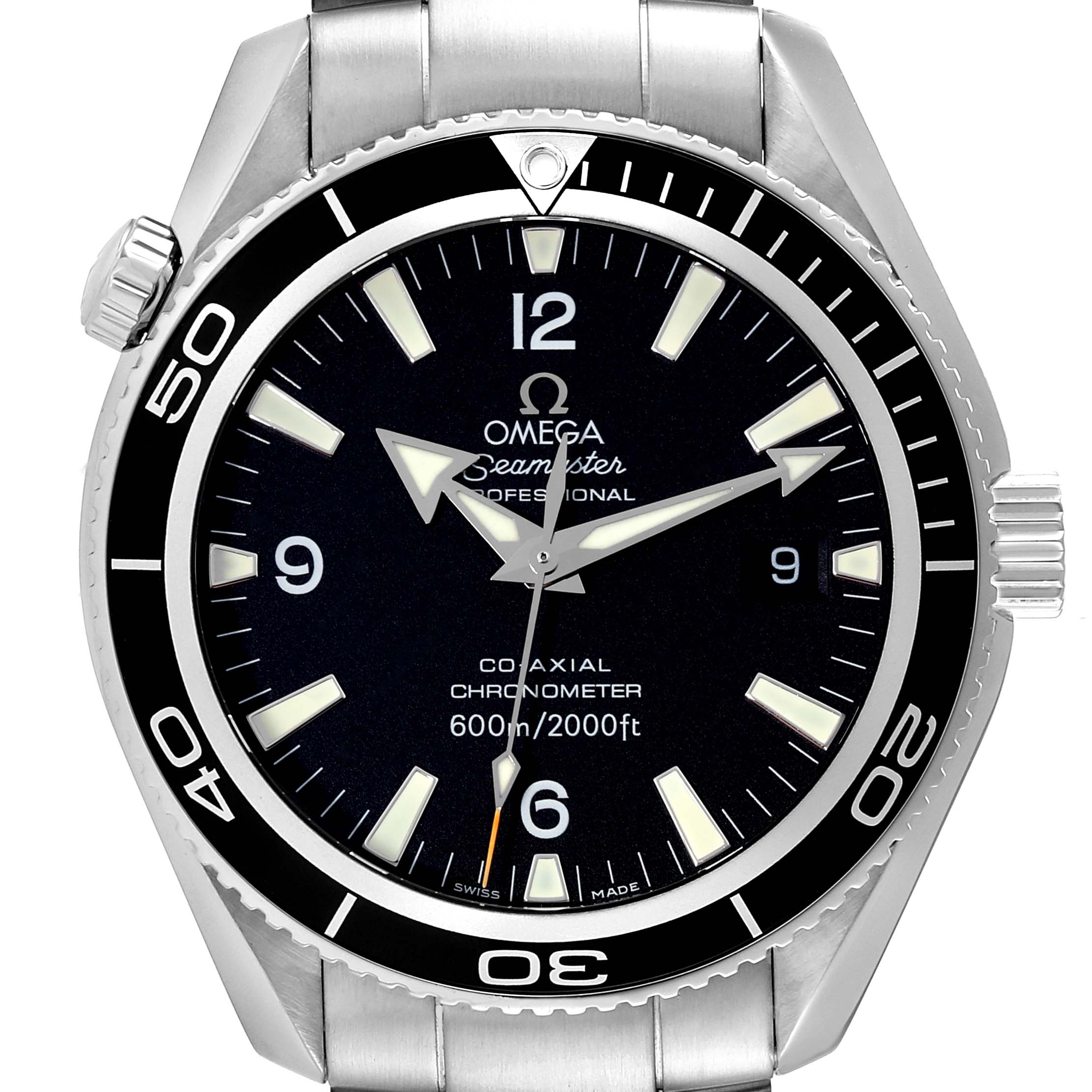 The image shows a front view of the Omega Planet Ocean 2201.50.00 Men
s Stainless Steel Black Dial 2201.50.00 Men
s Stainless Steel Black Dial Seamaster Professional watch, highlighting its face, bezel, and crown.
