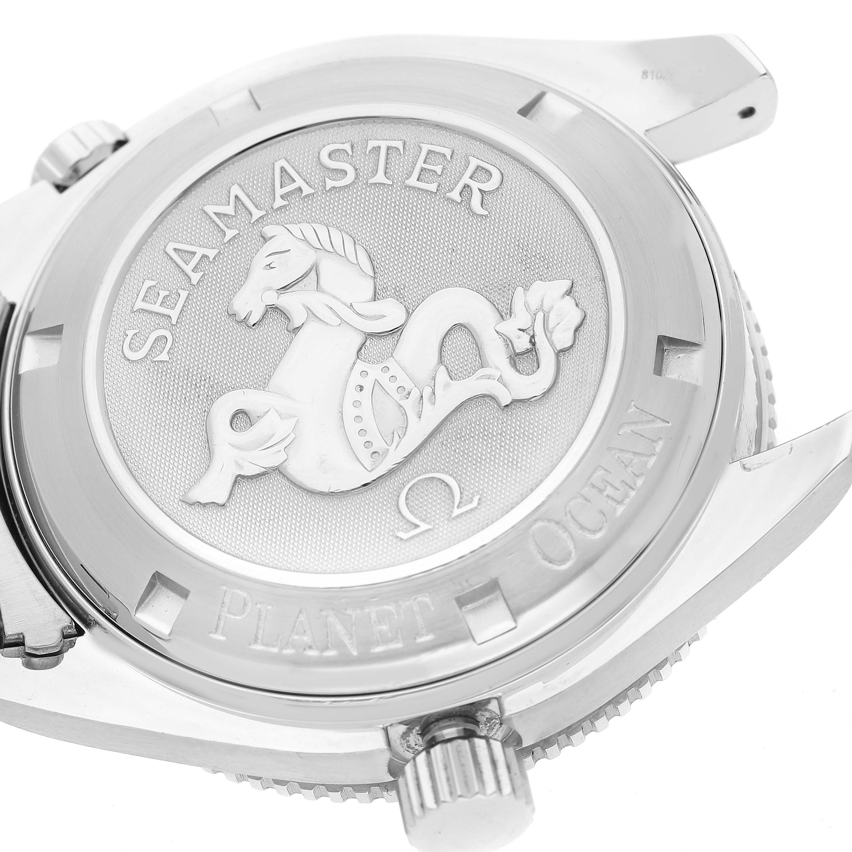 The image shows the case back of the Omega Planet Ocean 2201.50.00 Men
s Stainless Steel Black Dial 2201.50.00 Men
s Stainless Steel Black Dial watch, highlighting the "Seamaster" engraving and the logo.