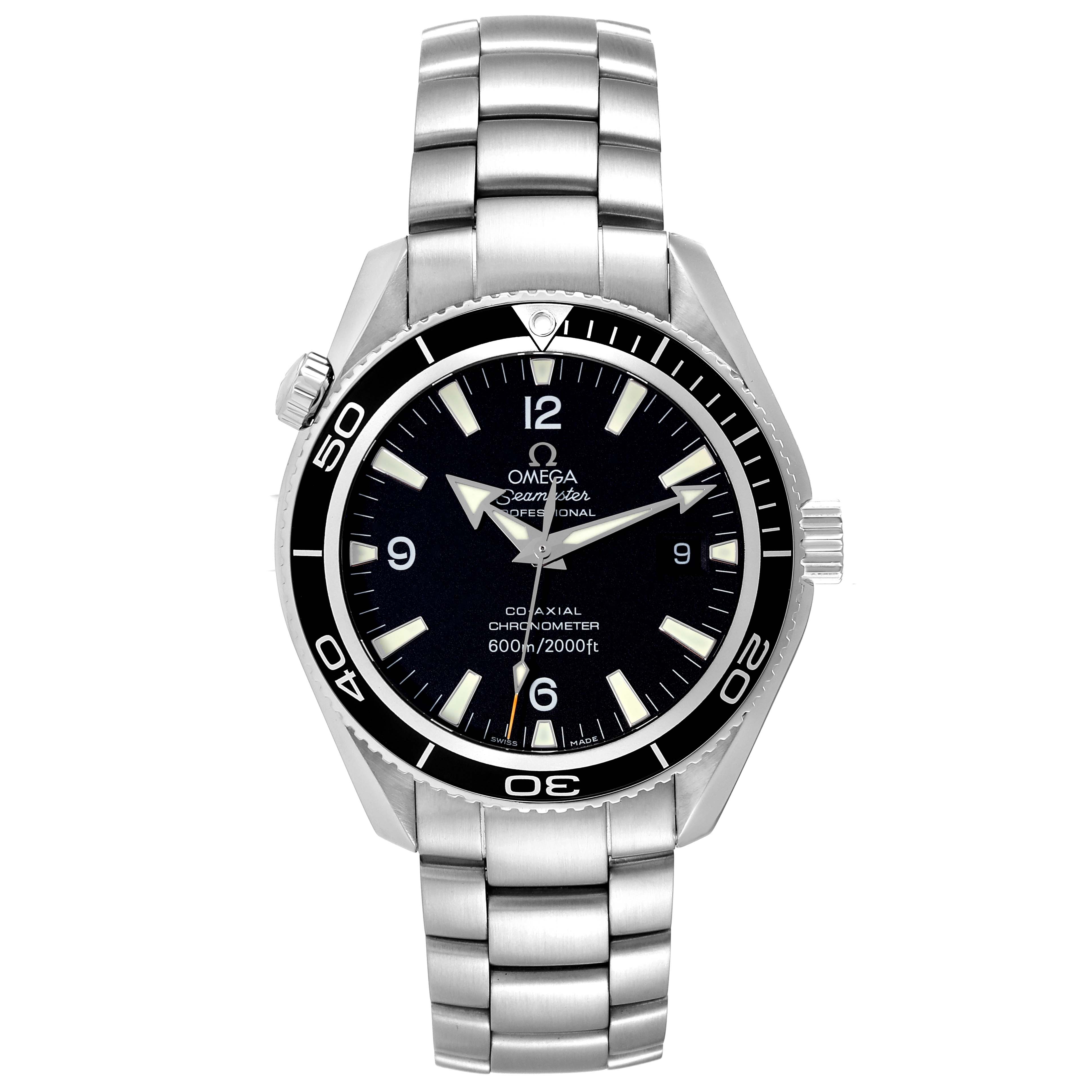 The image shows a front view of the Omega Planet Ocean 2201.50.00 Men
s Stainless Steel Black Dial 2201.50.00 Men
s Stainless Steel Black Dial watch, displaying its dial, bezel, and bracelet.