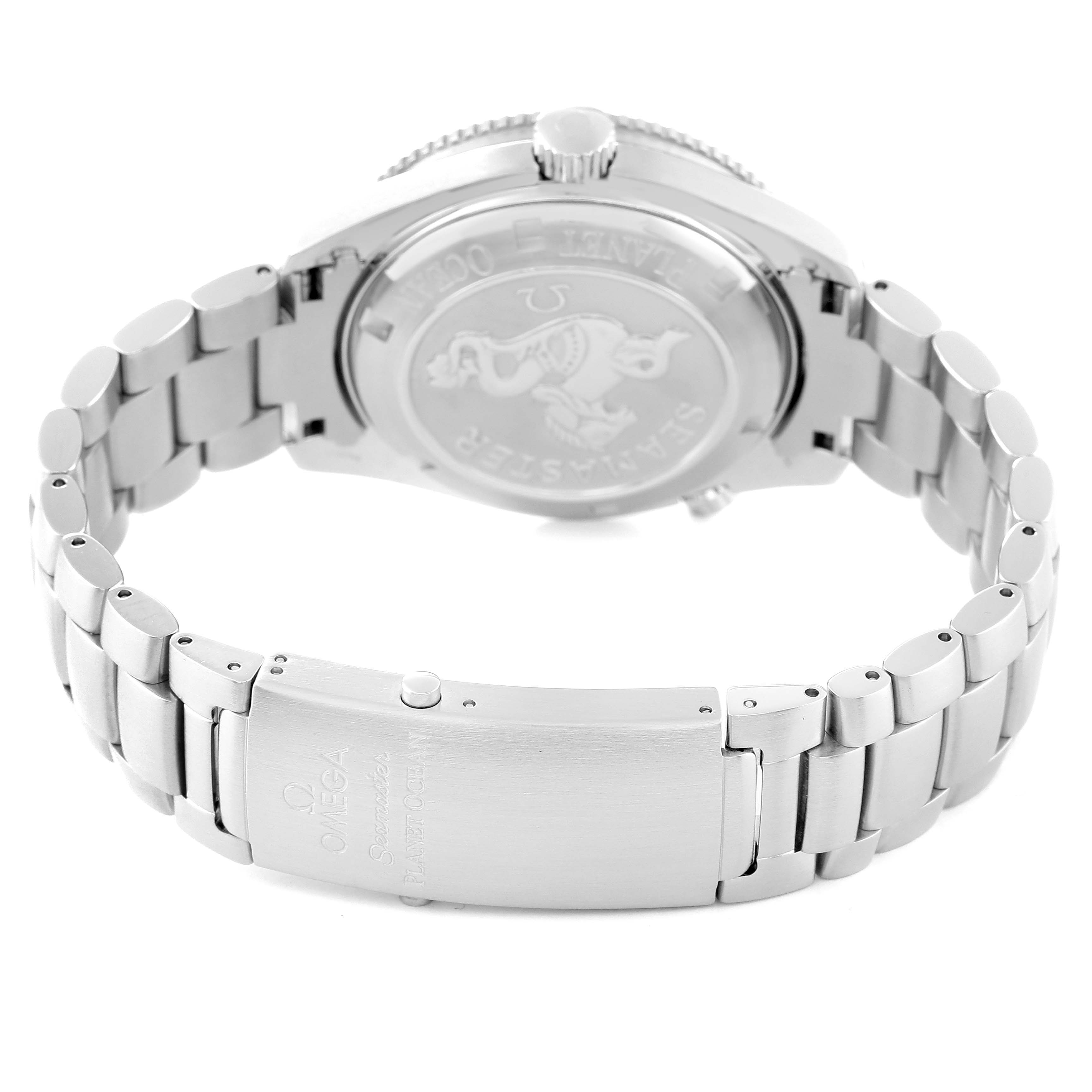 The image shows the back and clasp of an Omega Planet Ocean 2201.50.00 Men
s Stainless Steel Black Dial 2201.50.00 Men
s Stainless Steel Black Dial watch, highlighting the stainless steel bracelet and engraved case back.