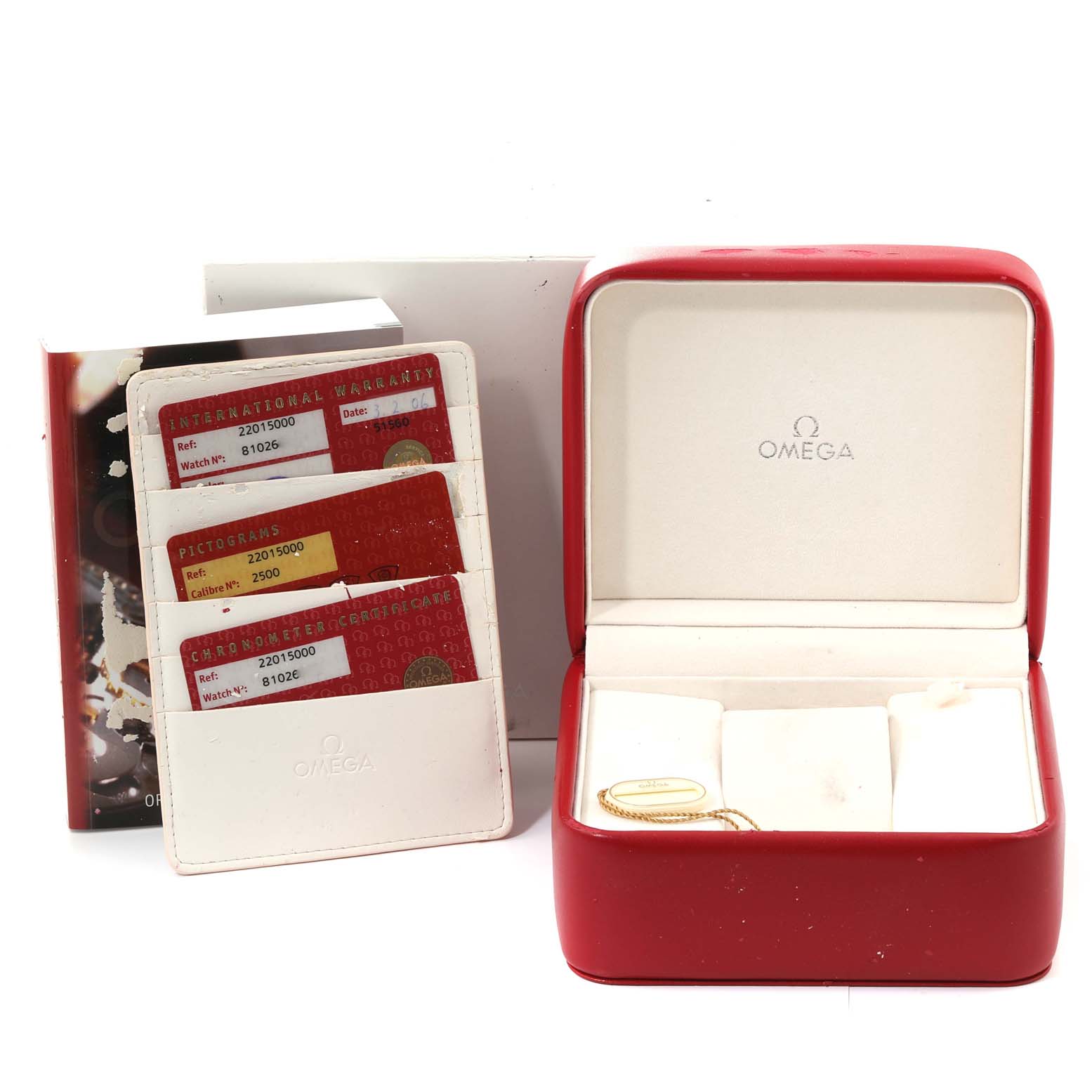 The image shows an Omega Planet Ocean 2201.50.00 Men
s Stainless Steel Black Dial 2201.50.00 Men
s Stainless Steel Black Dial watch box, warranty cards, pictograms, and a manual.