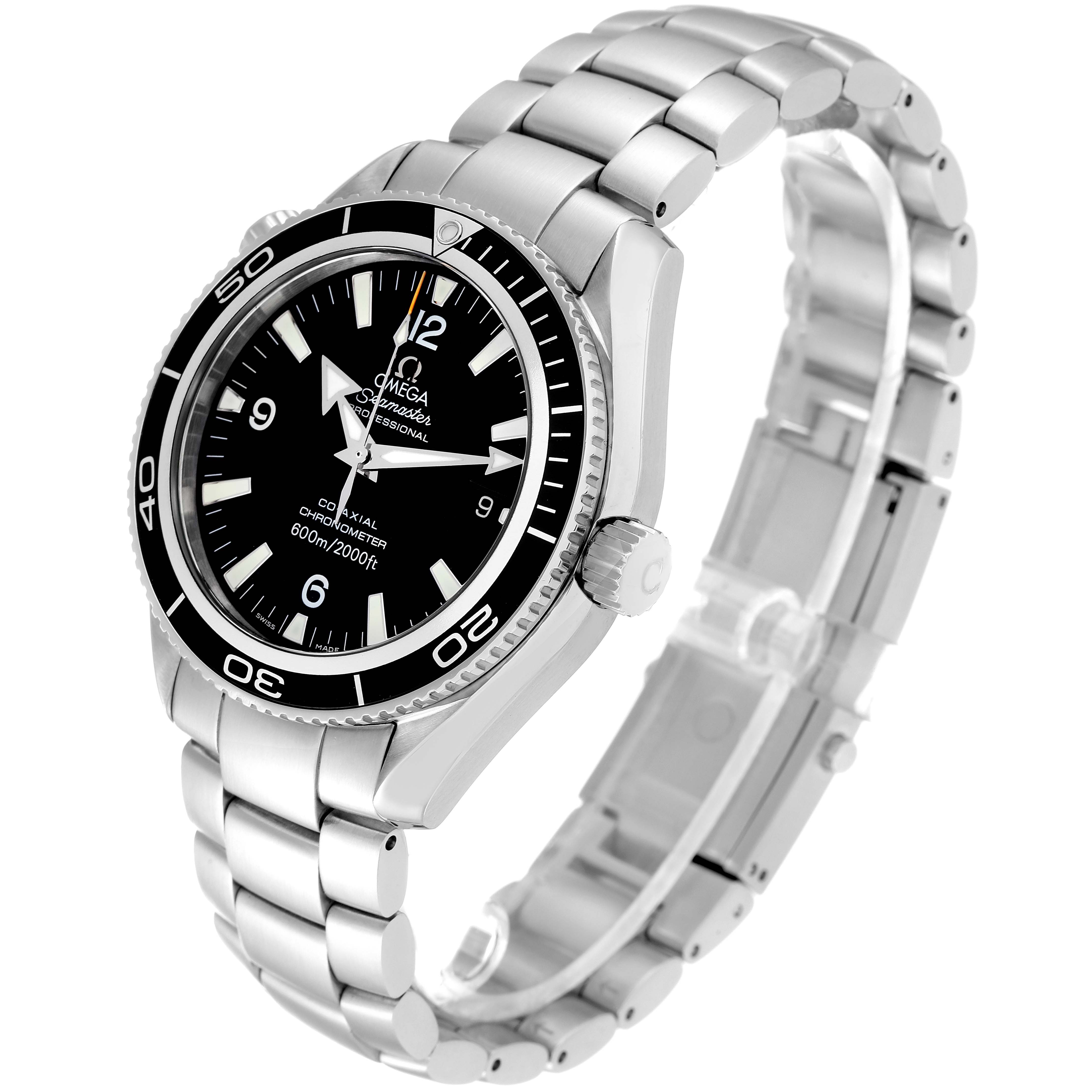 The Omega Planet Ocean 2201.50.00 Men
s Stainless Steel Black Dial 2201.50.00 Men
s Stainless Steel Black Dial watch is shown at a three-quarter angle, highlighting the dial, bezel, crown, and stainless steel bracelet.
