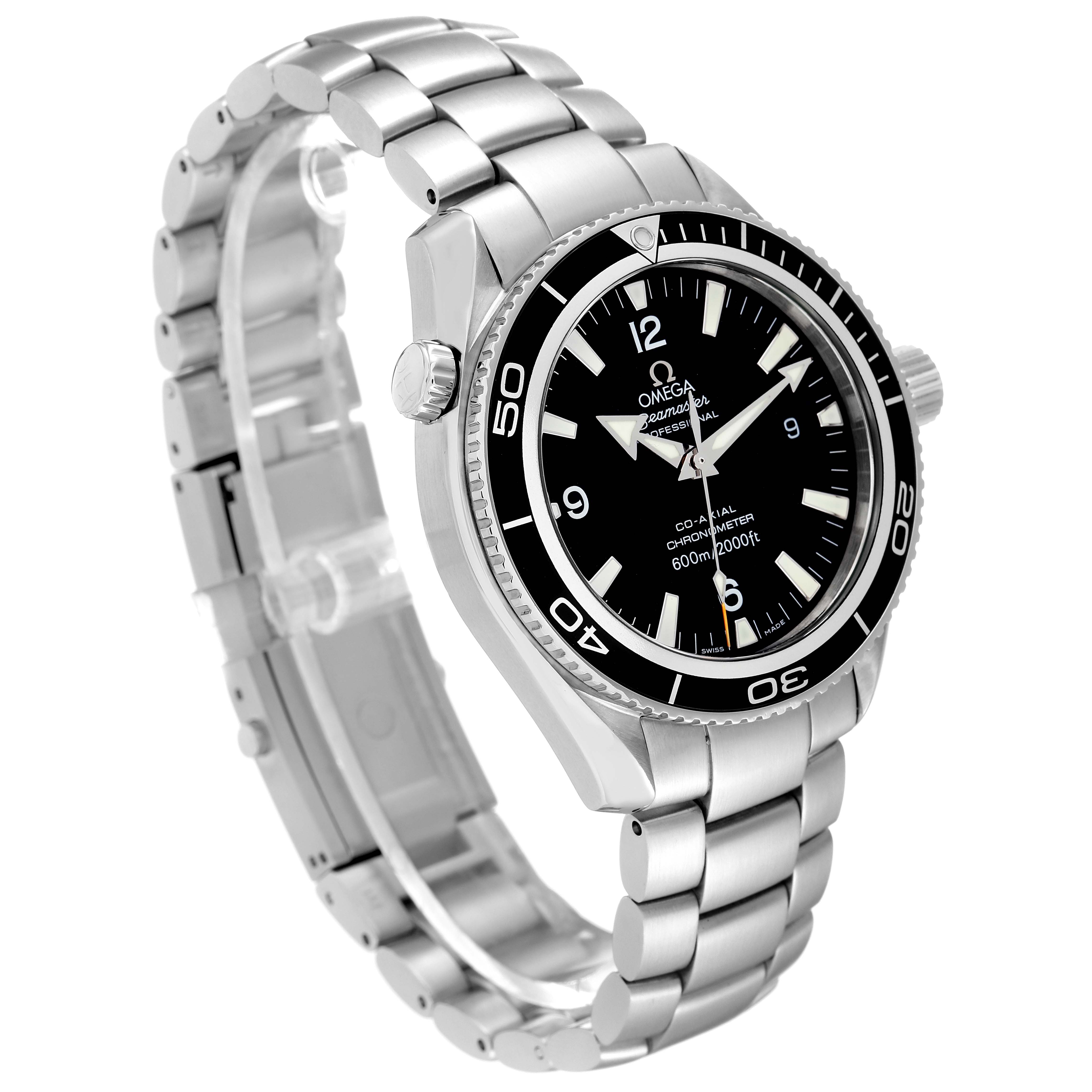 The image shows an Omega Planet Ocean 2201.50.00 Men
s Stainless Steel Black Dial 2201.50.00 Men
s Stainless Steel Black Dial watch at a three-quarter angle, highlighting its face, bezel, crown, lugs, and stainless-steel bracelet.
