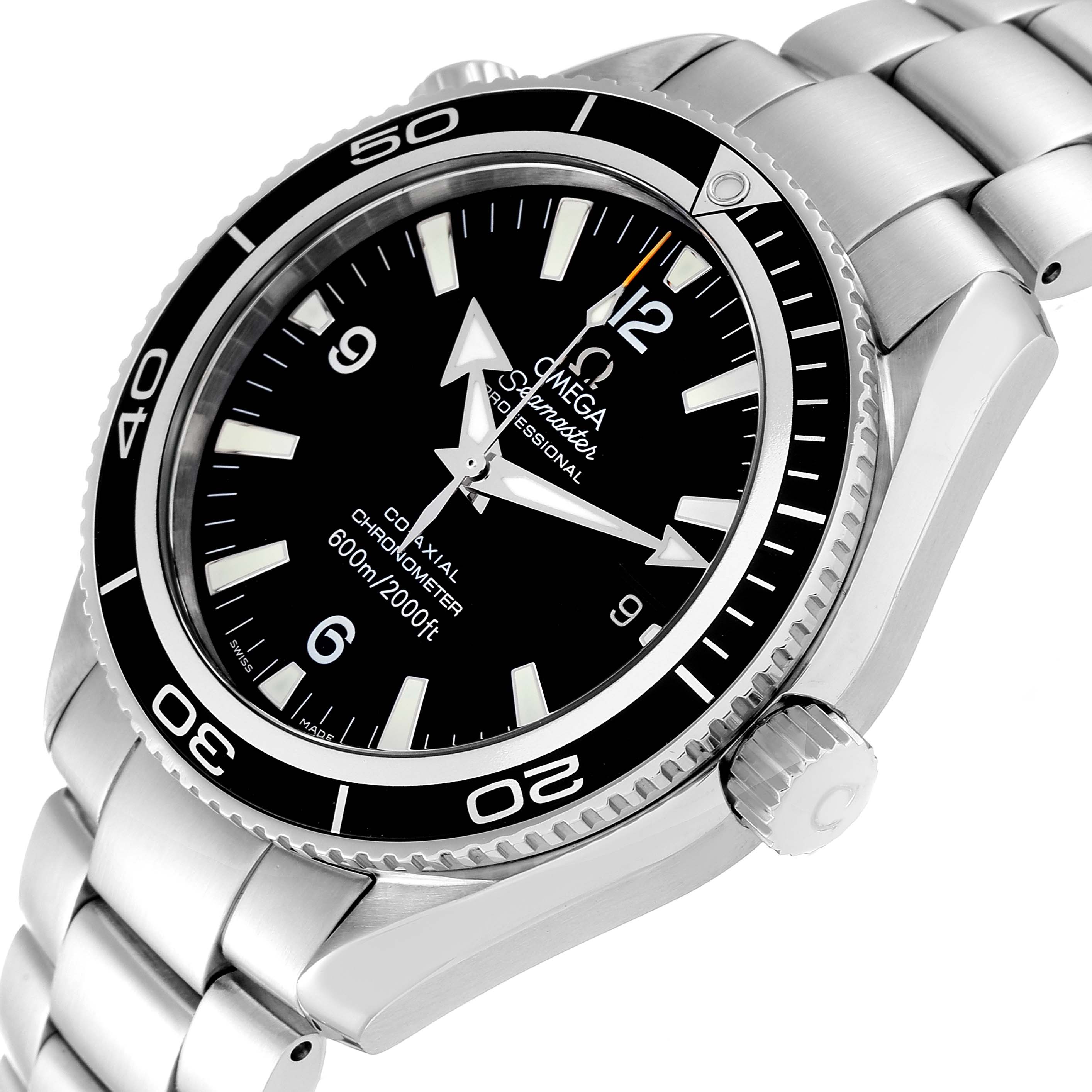 The image shows a side-angled view of an Omega Planet Ocean 2201.50.00 Men
s Stainless Steel Black Dial 2201.50.00 Men
s Stainless Steel Black Dial watch, focusing on the dial, bezel, crown, and part of the bracelet.