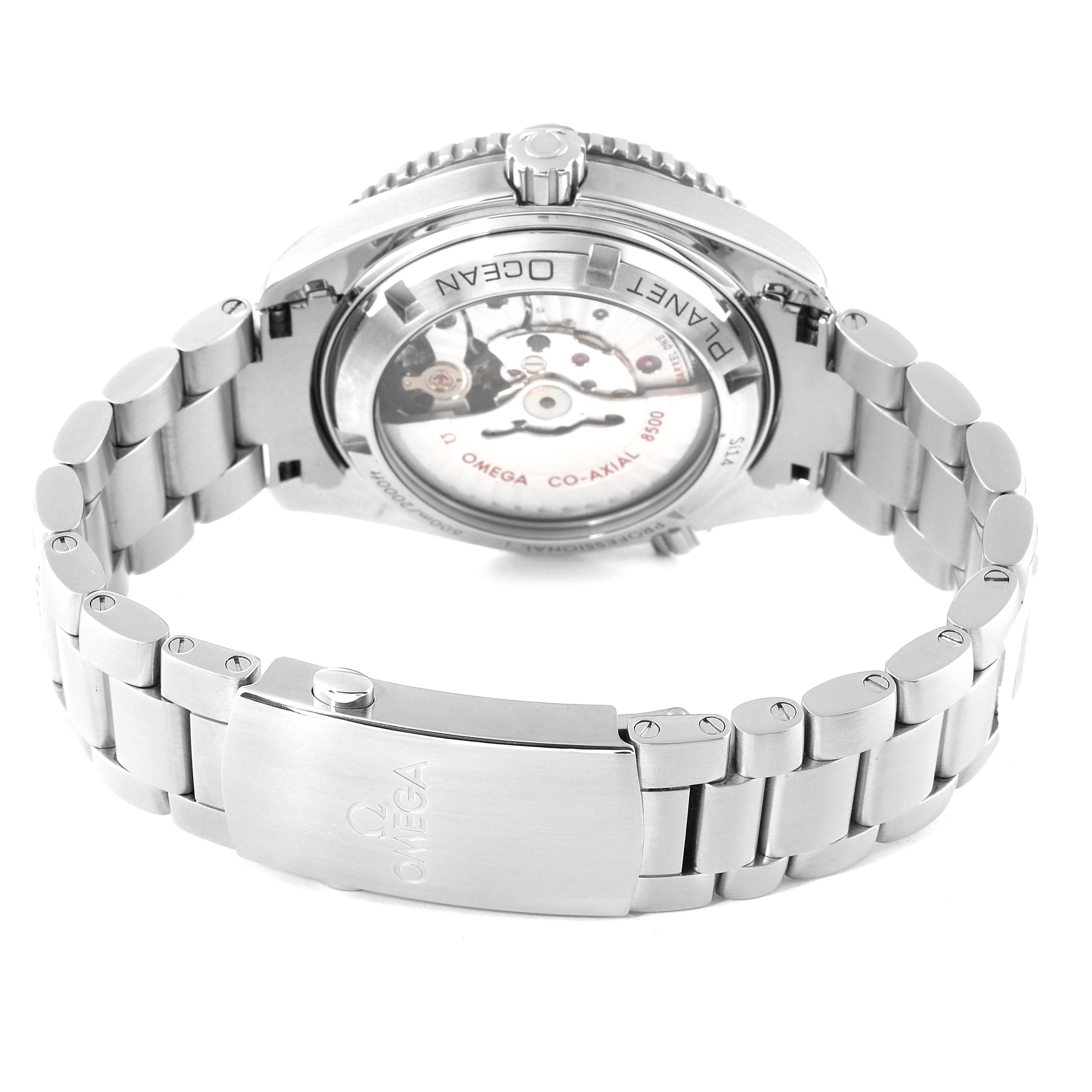 The image shows the back and bracelet of the Omega Planet Ocean 232.30.42.21.01.003 Men's Stainless Steel Black Dial 232.30.42.21.01.003 Men's Stainless Steel Black Dial watch, highlighting the clasp and movement through the transparent case back.