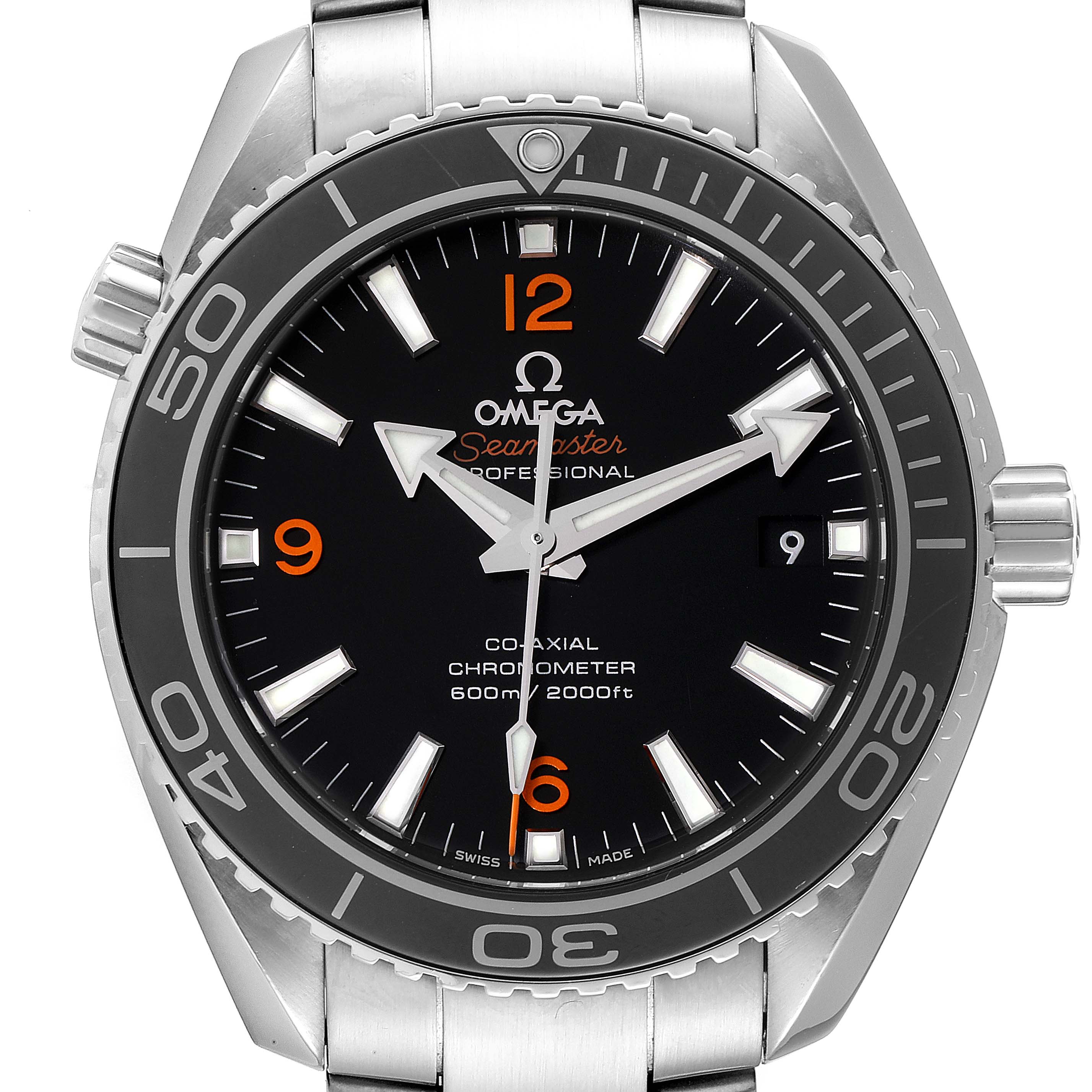 The image shows a front view of the Omega Planet Ocean 232.30.42.21.01.003 Men's Stainless Steel Black Dial 232.30.42.21.01.003 Men's Stainless Steel Black Dial Seamaster watch, highlighting the bezel, dial, hands, and part of the bracelet.
