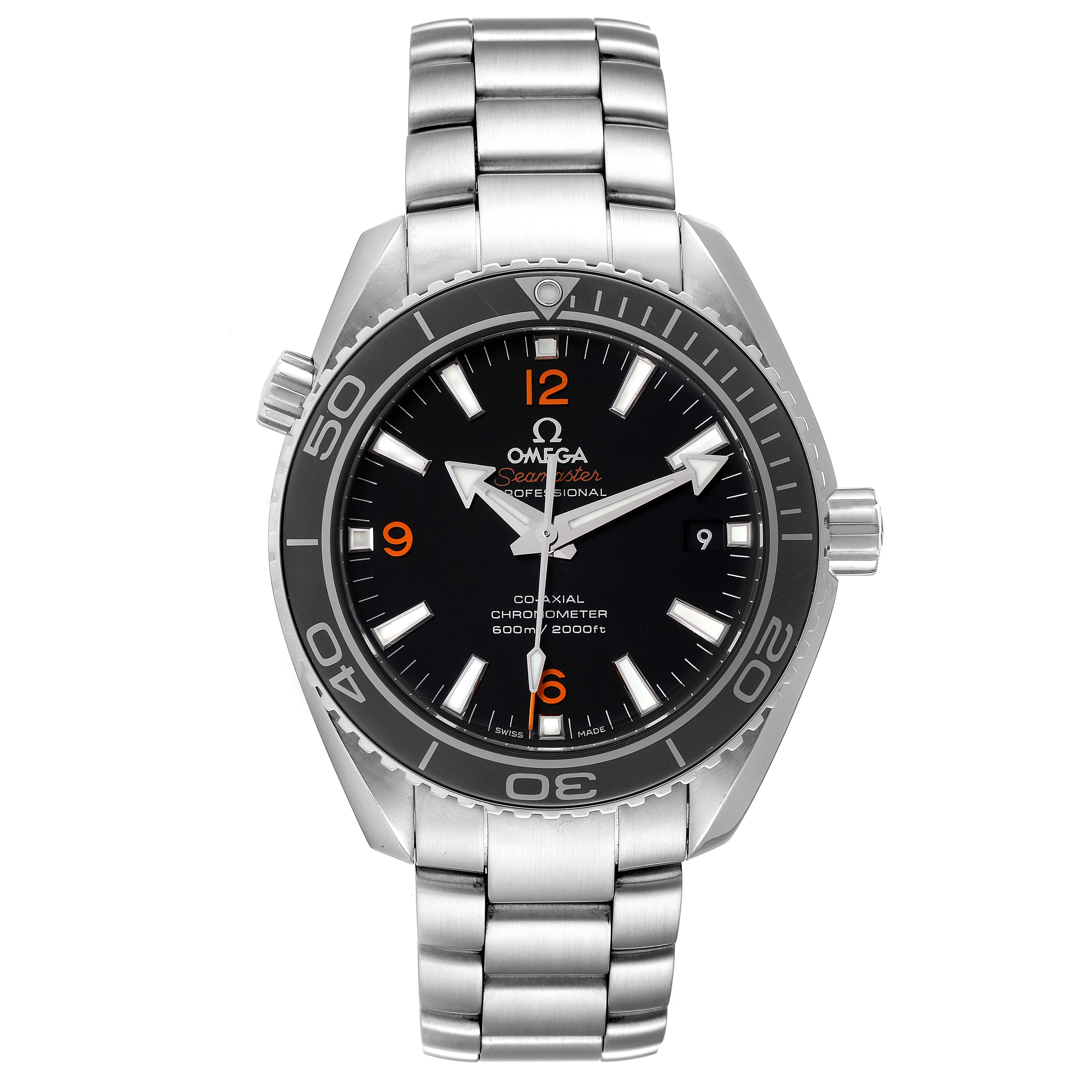 The image shows a frontal view of the Omega Planet Ocean 232.30.42.21.01.003 Men's Stainless Steel Black Dial 232.30.42.21.01.003 Men's Stainless Steel Black Dial watch, displaying its face, bezel, and metal bracelet.