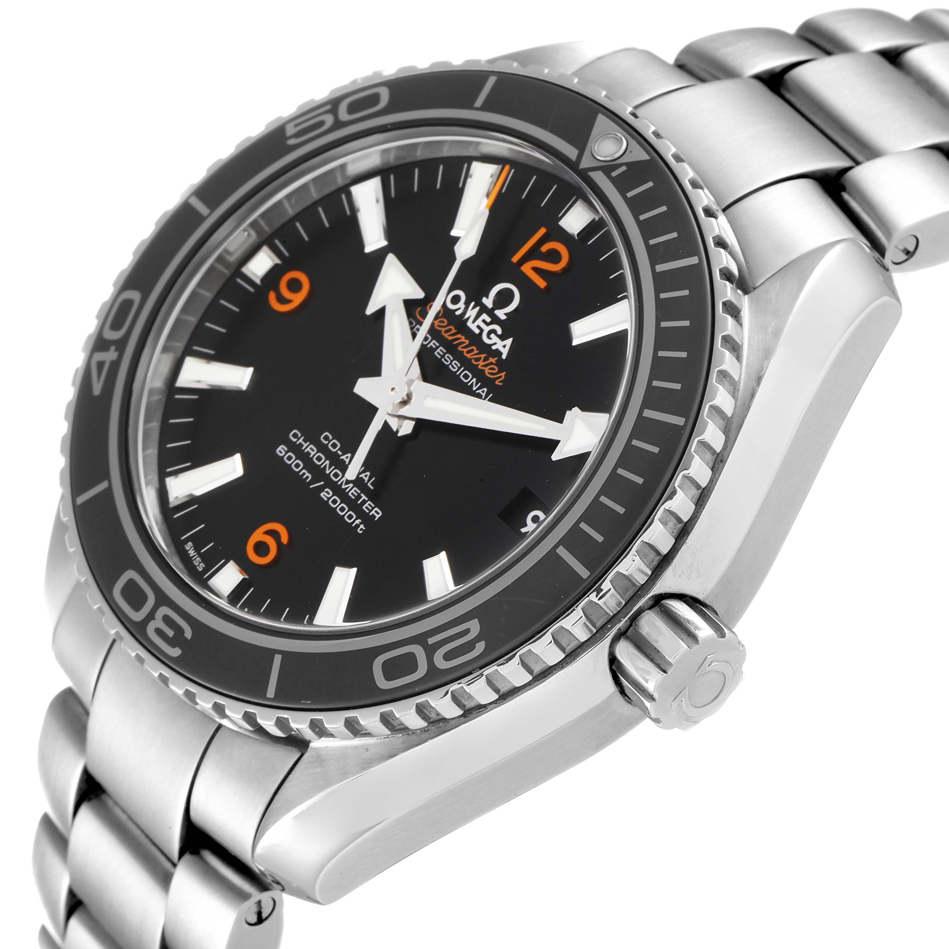 The image shows an angled view of the Omega Planet Ocean 232.30.42.21.01.003 Men's Stainless Steel Black Dial 232.30.42.21.01.003 Men's Stainless Steel Black Dial watch, highlighting the bezel, dial, crown, and part of the metal bracelet.
