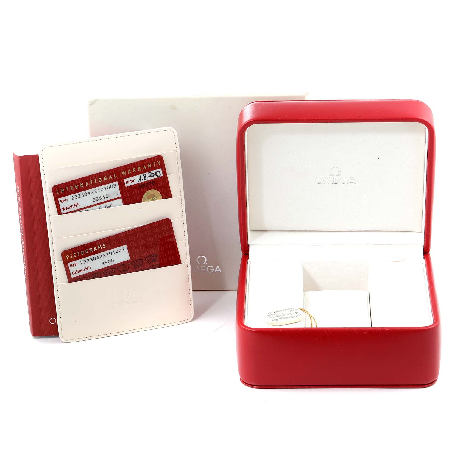 The image shows an Omega Planet Ocean 232.30.42.21.01.003 Men's Stainless Steel Black Dial 232.30.42.21.01.003 Men's Stainless Steel Black Dial watch box, warranty cards, and a cardholder.