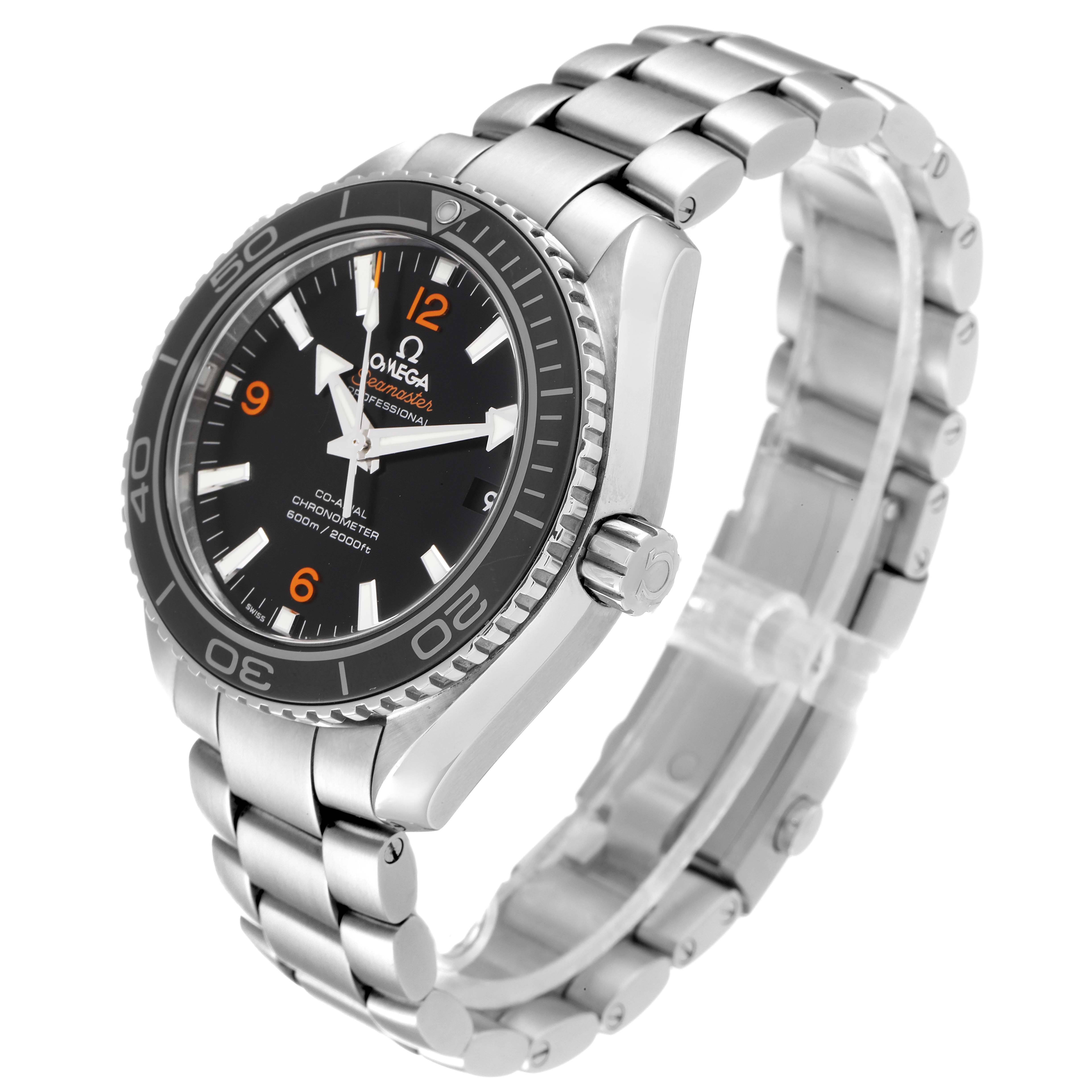 The Omega Planet Ocean 232.30.42.21.01.003 Men's Stainless Steel Black Dial 232.30.42.21.01.003 Men's Stainless Steel Black Dial watch is shown at an angle displaying the face, bezel, crown, and stainless steel bracelet.