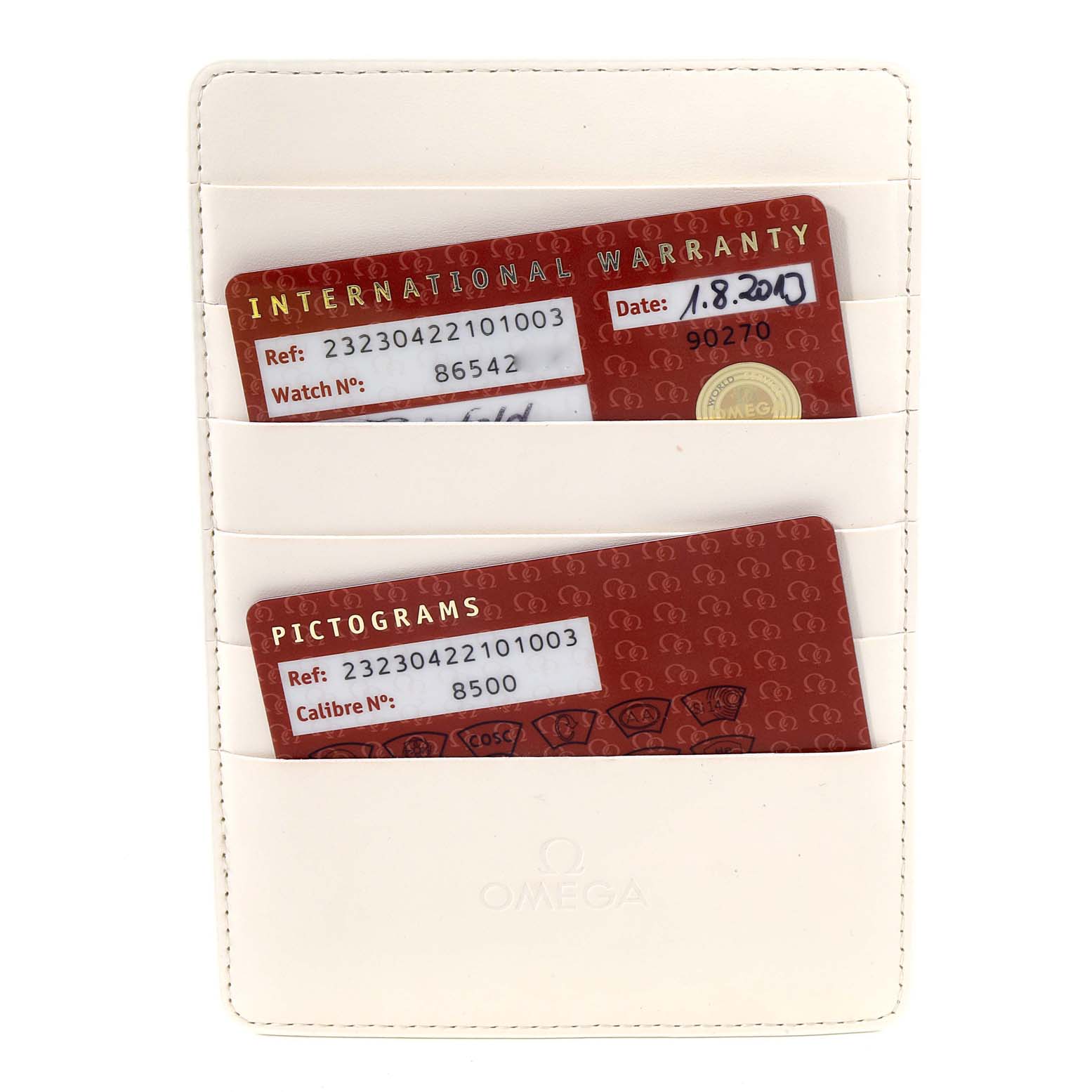 The image shows the warranty and pictogram cards for an Omega Planet Ocean 232.30.42.21.01.003 Men's Stainless Steel Black Dial 232.30.42.21.01.003 Men's Stainless Steel Black Dial watch in a white cardholder.