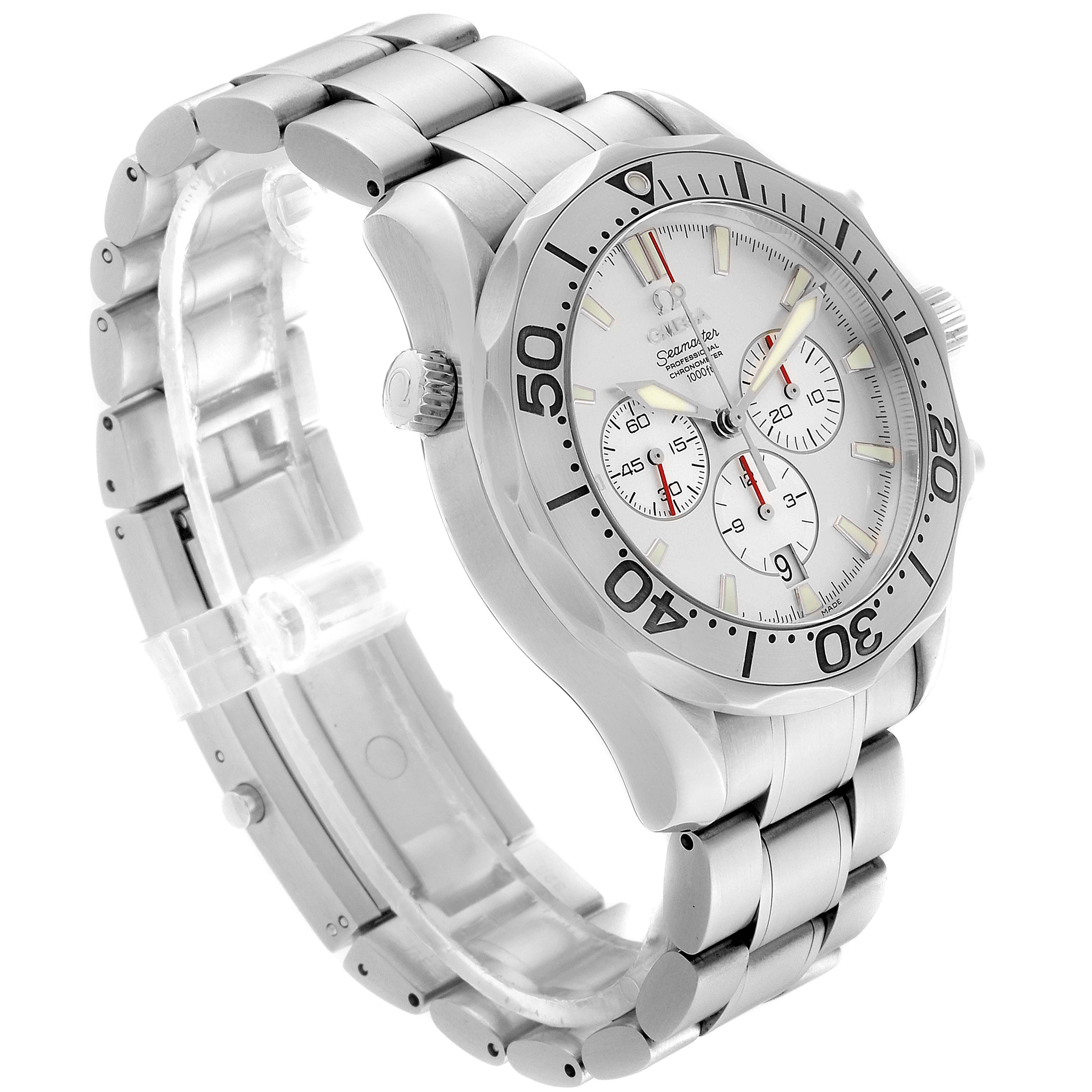 The Omega Seamaster 2589.30.00 Men
s Stainless Steel Silver Dial 2589.30.00 Men
s Stainless Steel Silver Dial watch is shown in a three-quarter angle, highlighting its face, bezel, bracelet, and side crown.