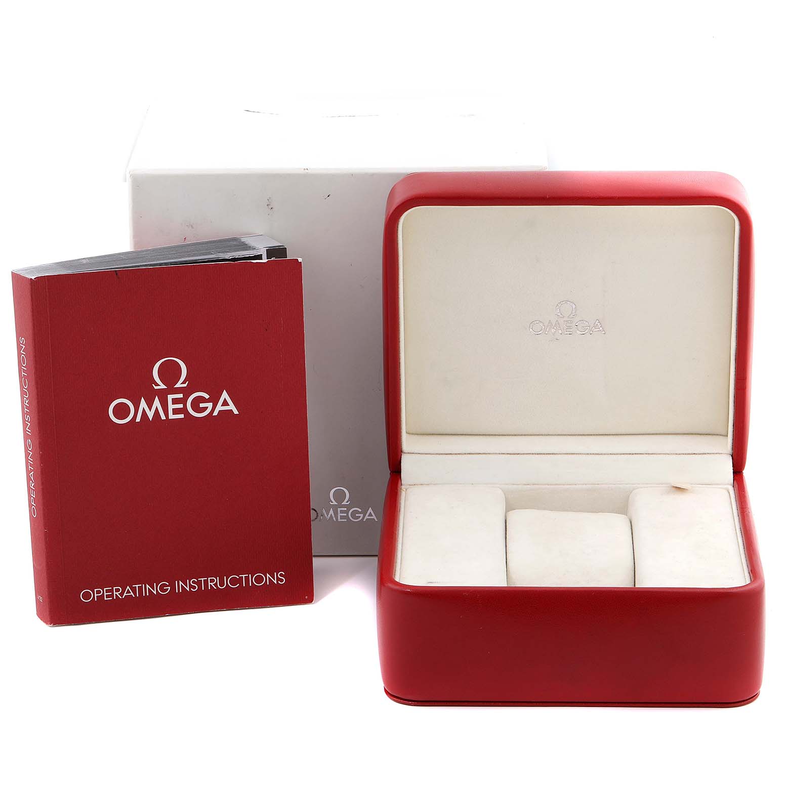 The image shows an Omega Seamaster 2589.30.00 Men
s Stainless Steel Silver Dial 2589.30.00 Men
s Stainless Steel Silver Dial watch box, operating instructions booklet, and outer packaging.