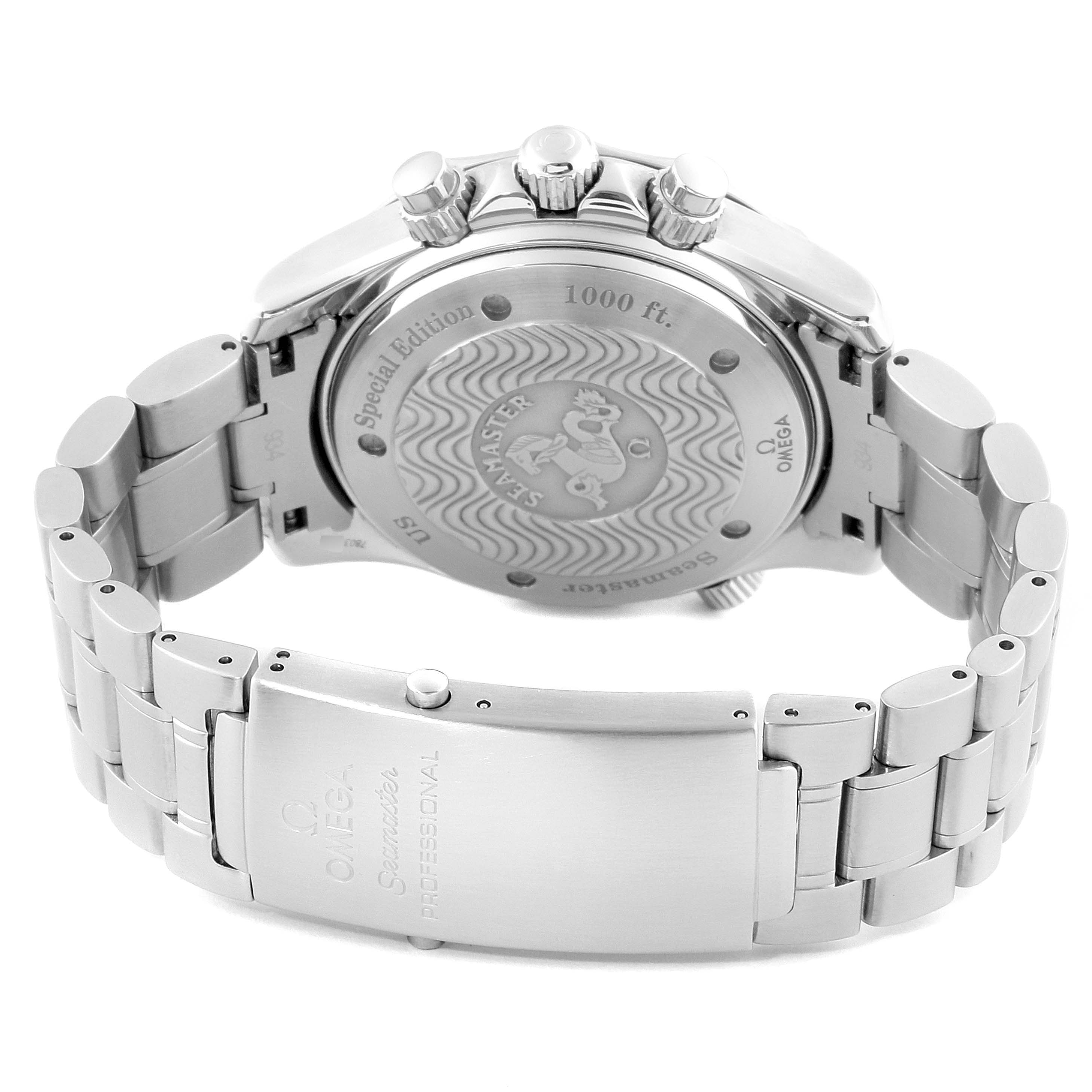 This Omega Seamaster 2589.30.00 Men
s Stainless Steel Silver Dial 2589.30.00 Men
s Stainless Steel Silver Dial model is shown from the rear angle, highlighting its caseback, bracelet, and clasp.