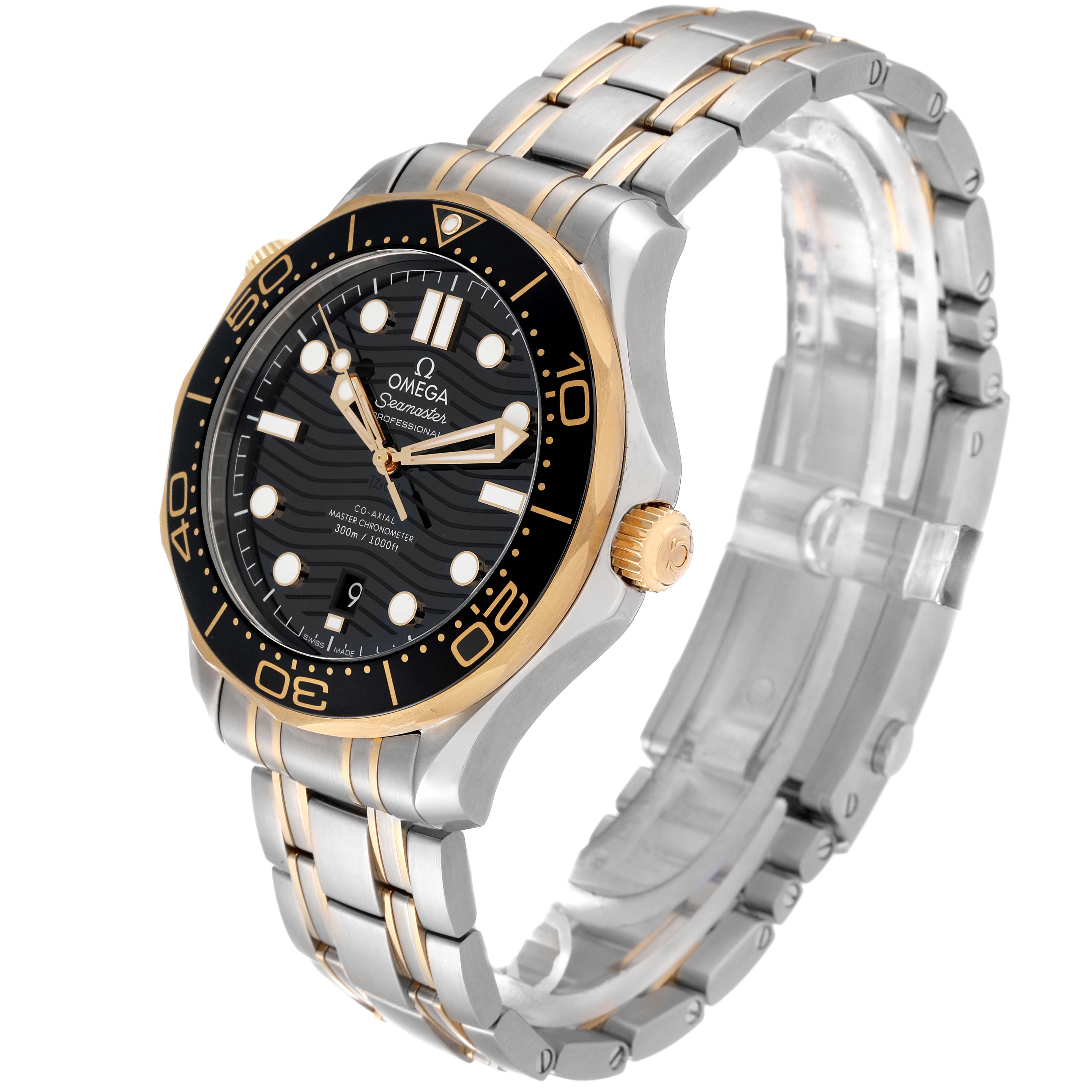 The Omega Seamaster 210.20.42.20.01.002 Men's Steel and Gold (two tone) Black Dial 210.20.42.20.01.002 Men's Steel and Gold (two tone) Black Dial watch is displayed from a three-quarter angle, highlighting its face, bezel, crown, and bracelet.