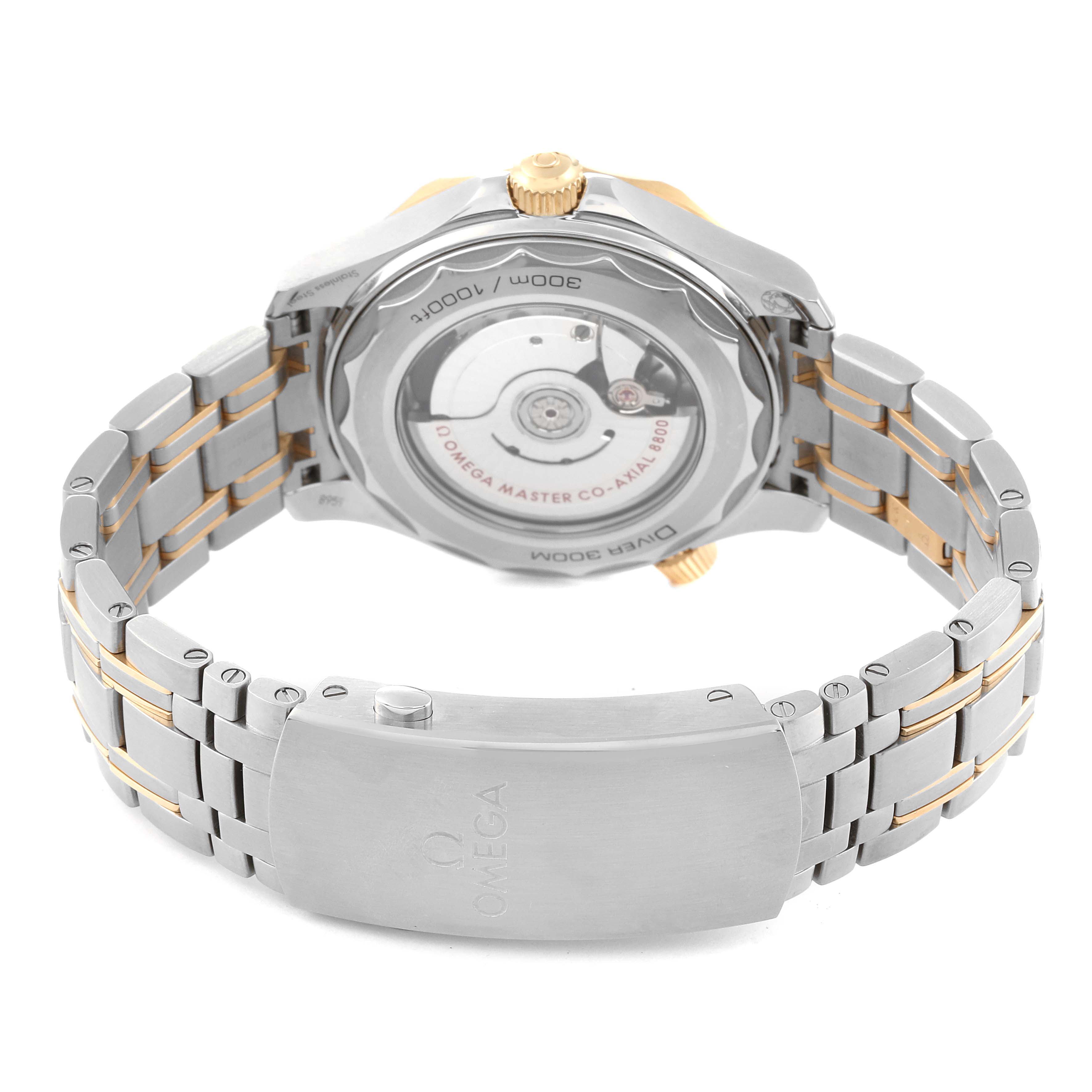 This image shows the back and bracelet of the Omega Seamaster 210.20.42.20.01.002 Men's Steel and Gold (two tone) Black Dial 210.20.42.20.01.002 Men's Steel and Gold (two tone) Black Dial watch, highlighting its exhibition case back and metal bracelet.