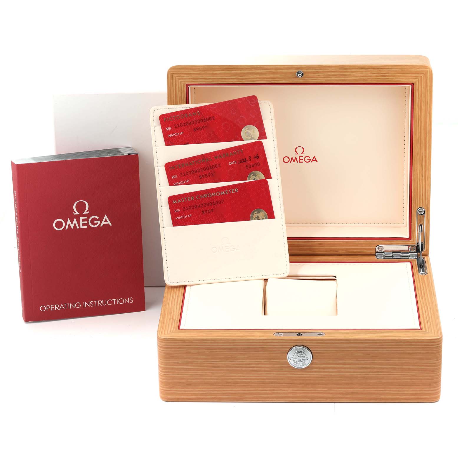 The image shows an Omega Seamaster 210.20.42.20.01.002 Men's Steel and Gold (two tone) Black Dial 210.20.42.20.01.002 Men's Steel and Gold (two tone) Black Dial watch box, operating instructions, warranty cards, and cardholder from a front angle.