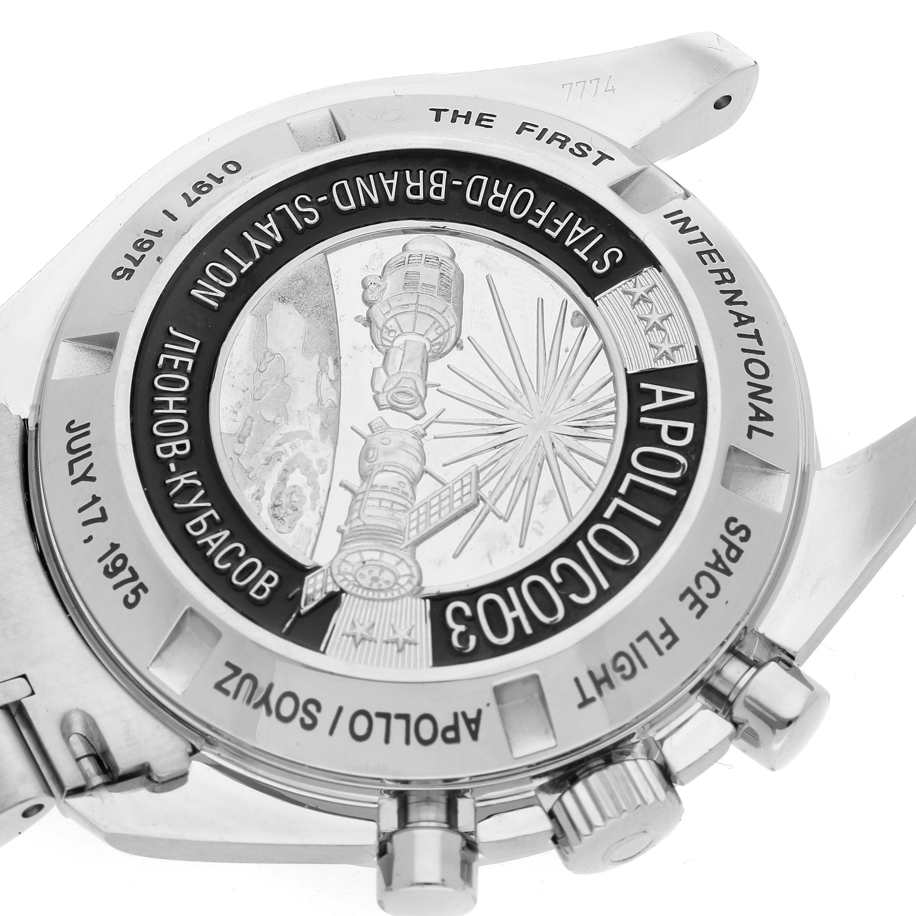 This image shows the case back of an Omega Speedmaster 311.30.42.30.99.001 Men's Stainless Steel Silver Dial 311.30.42.30.99.001 Men's Stainless Steel Silver Dial, featuring Apollo-Soyuz mission engravings.