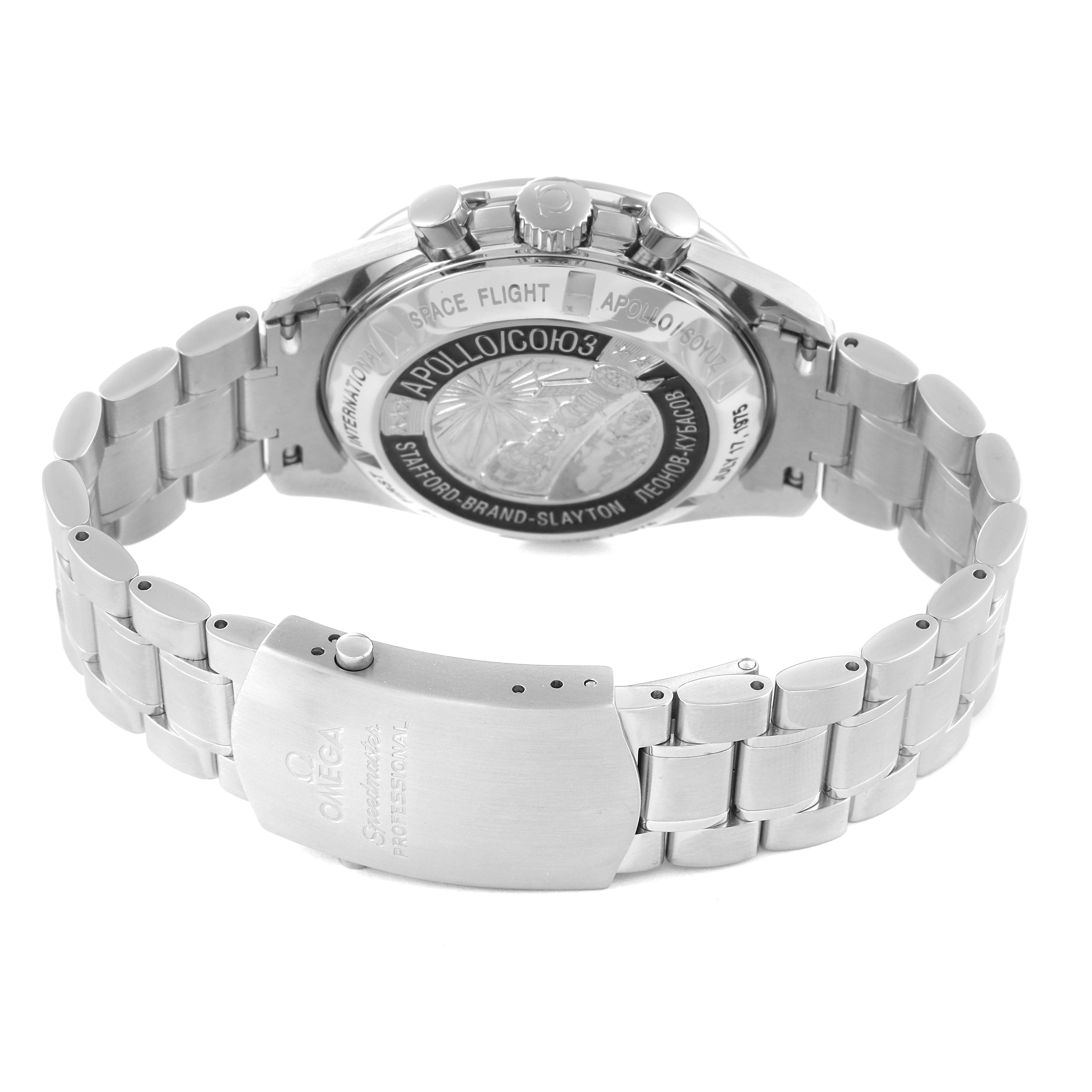 This image shows the backside and bracelet of an Omega Speedmaster 311.30.42.30.99.001 Men's Stainless Steel Silver Dial 311.30.42.30.99.001 Men's Stainless Steel Silver Dial watch, highlighting its engravings and metal band.