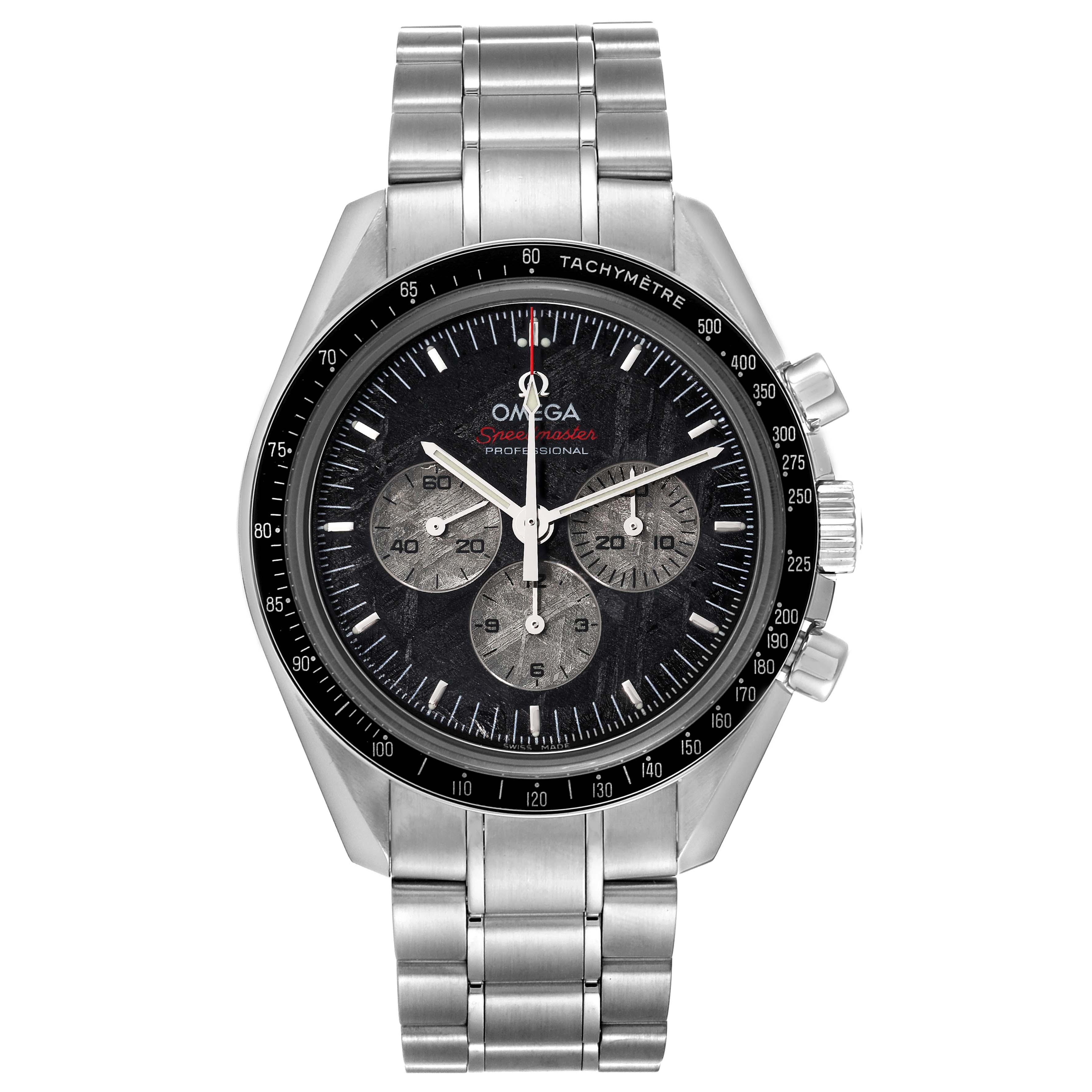The image shows a full frontal view of the Omega Speedmaster 311.30.42.30.99.001 Men's Stainless Steel Silver Dial 311.30.42.30.99.001 Men's Stainless Steel Silver Dial watch, including its stainless steel bracelet and chronograph dials.