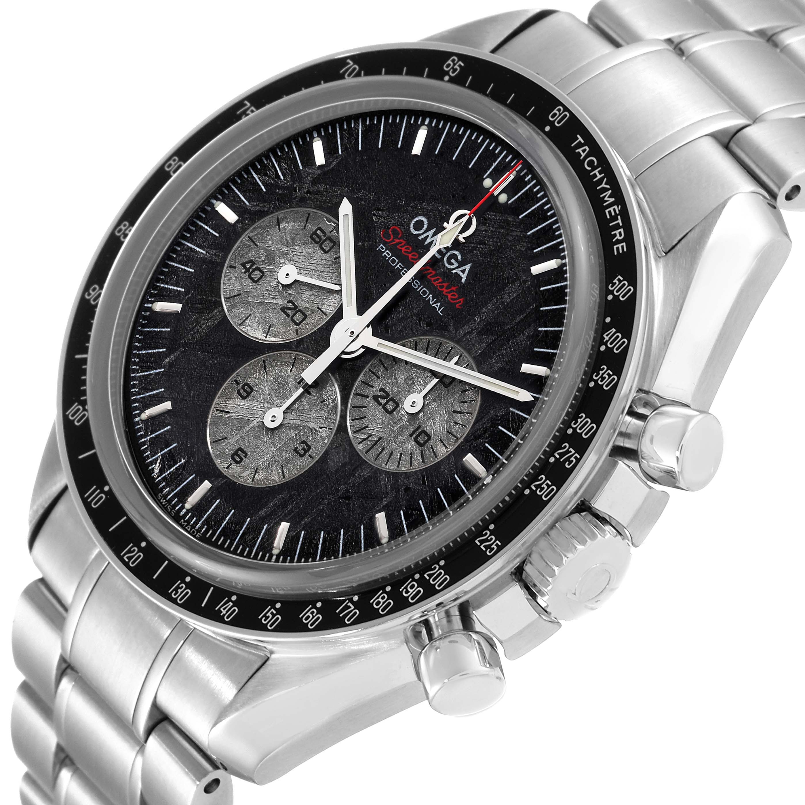 This image shows an angled view of the Omega Speedmaster 311.30.42.30.99.001 Men's Stainless Steel Silver Dial 311.30.42.30.99.001 Men's Stainless Steel Silver Dial watch, highlighting its face, chronograph subdials, bezel, and bracelet.