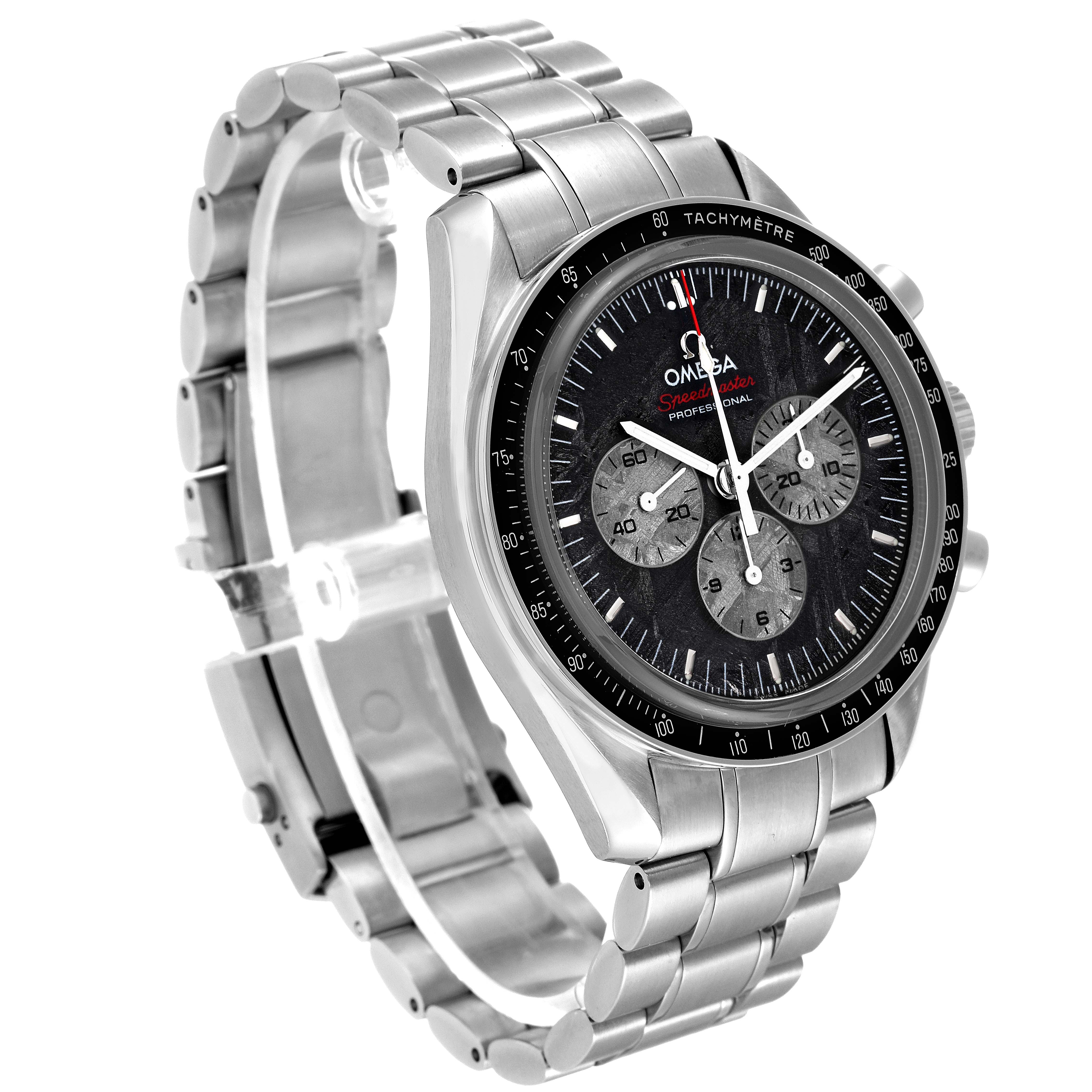 This image shows an Omega Speedmaster 311.30.42.30.99.001 Men's Stainless Steel Silver Dial 311.30.42.30.99.001 Men's Stainless Steel Silver Dial watch at an angle highlighting its face, bezel, and metal bracelet.