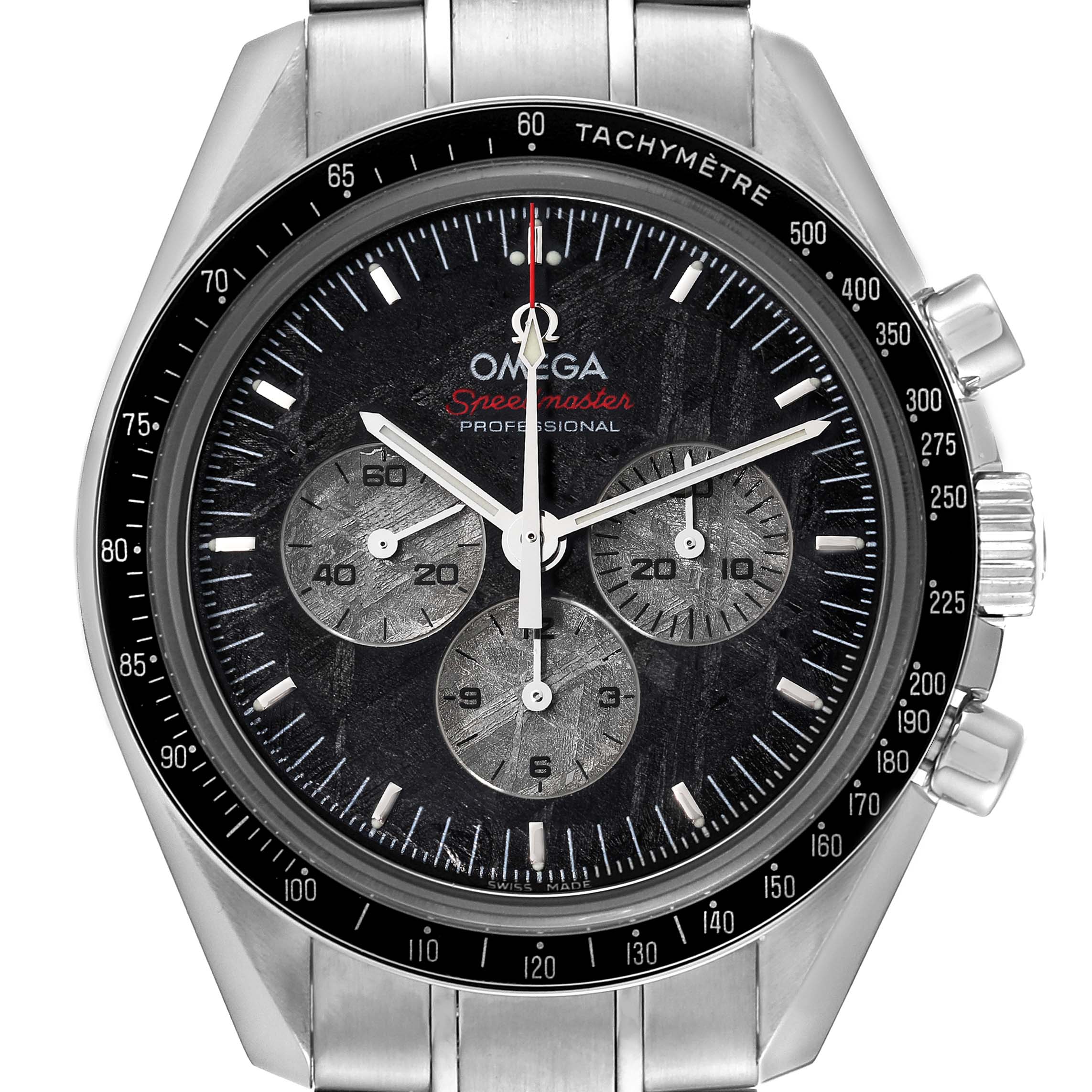 The image shows a frontal view of the Omega Speedmaster 311.30.42.30.99.001 Men's Stainless Steel Silver Dial 311.30.42.30.99.001 Men's Stainless Steel Silver Dial watch, highlighting its dial, chronograph subdials, and tachymeter bezel.