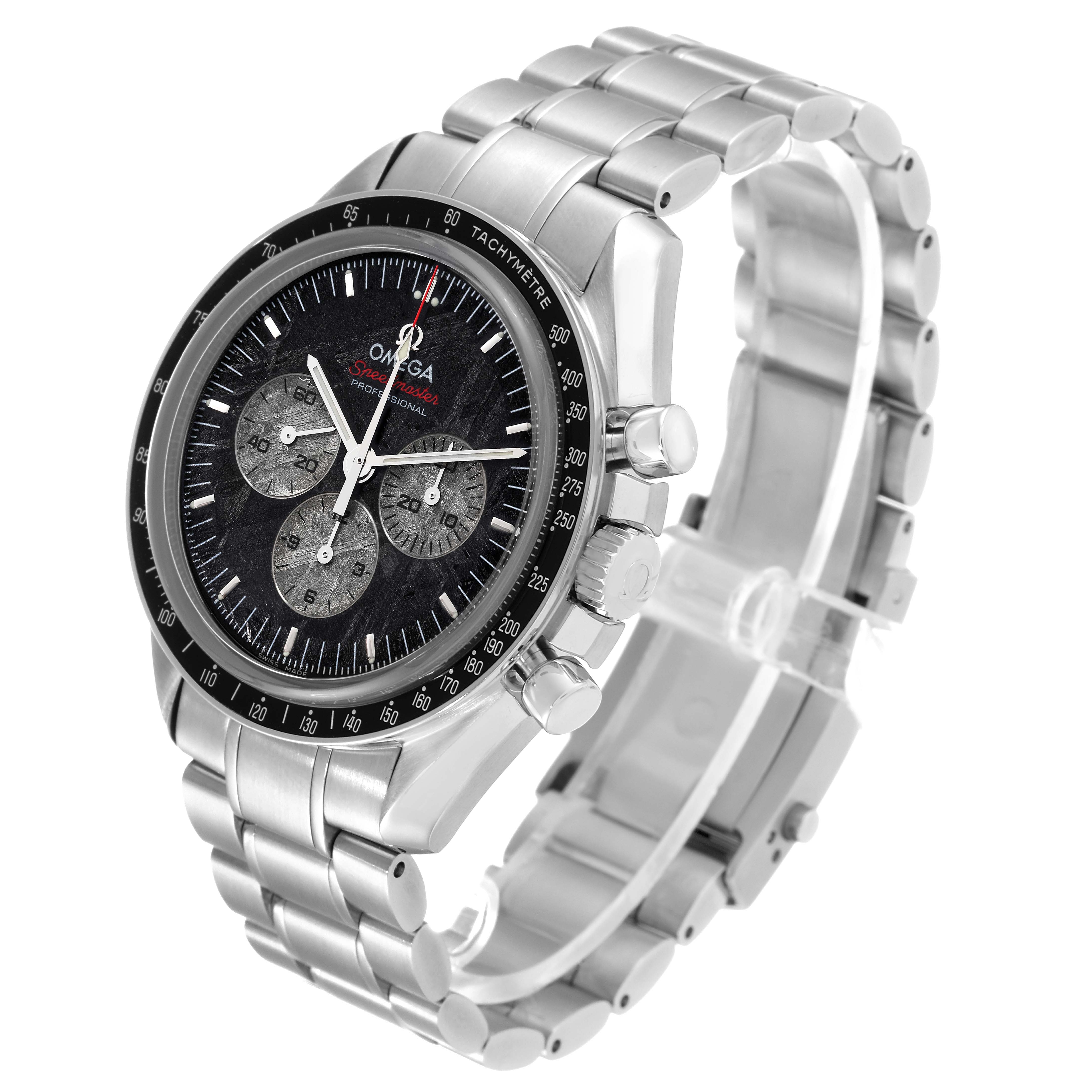 The image shows an angled view of the Omega Speedmaster 311.30.42.30.99.001 Men's Stainless Steel Silver Dial 311.30.42.30.99.001 Men's Stainless Steel Silver Dial watch, highlighting the dial, bezel, and bracelet.