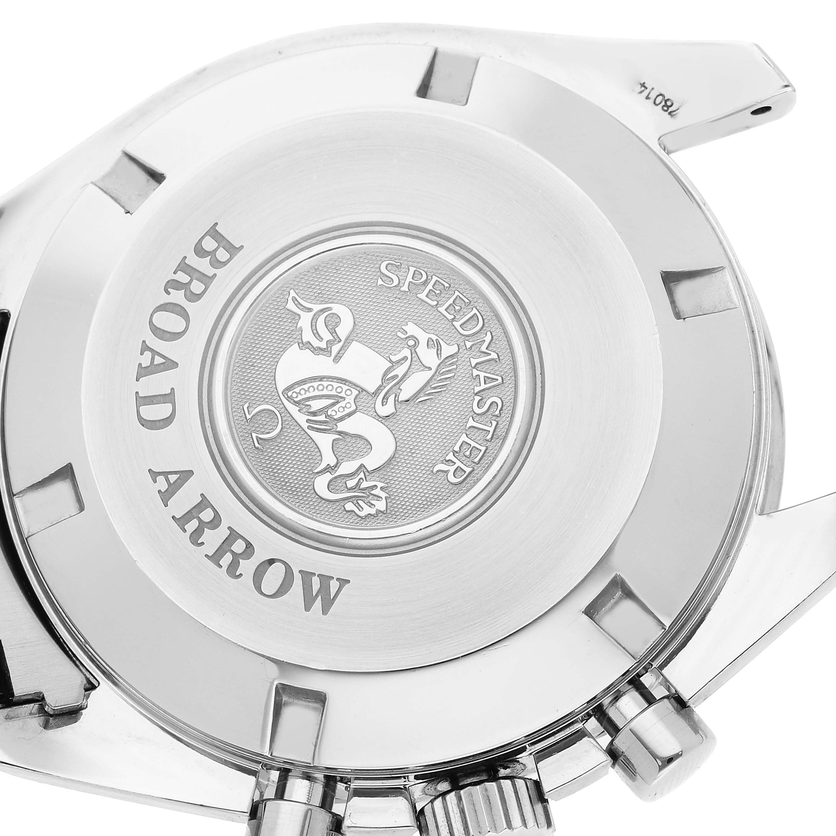 This image shows the back case and some side buttons of an Omega Speedmaster 3551.50.00 Men
s Stainless Steel Black Dial 3551.50.00 Men
s Stainless Steel Black Dial Broad Arrow watch.