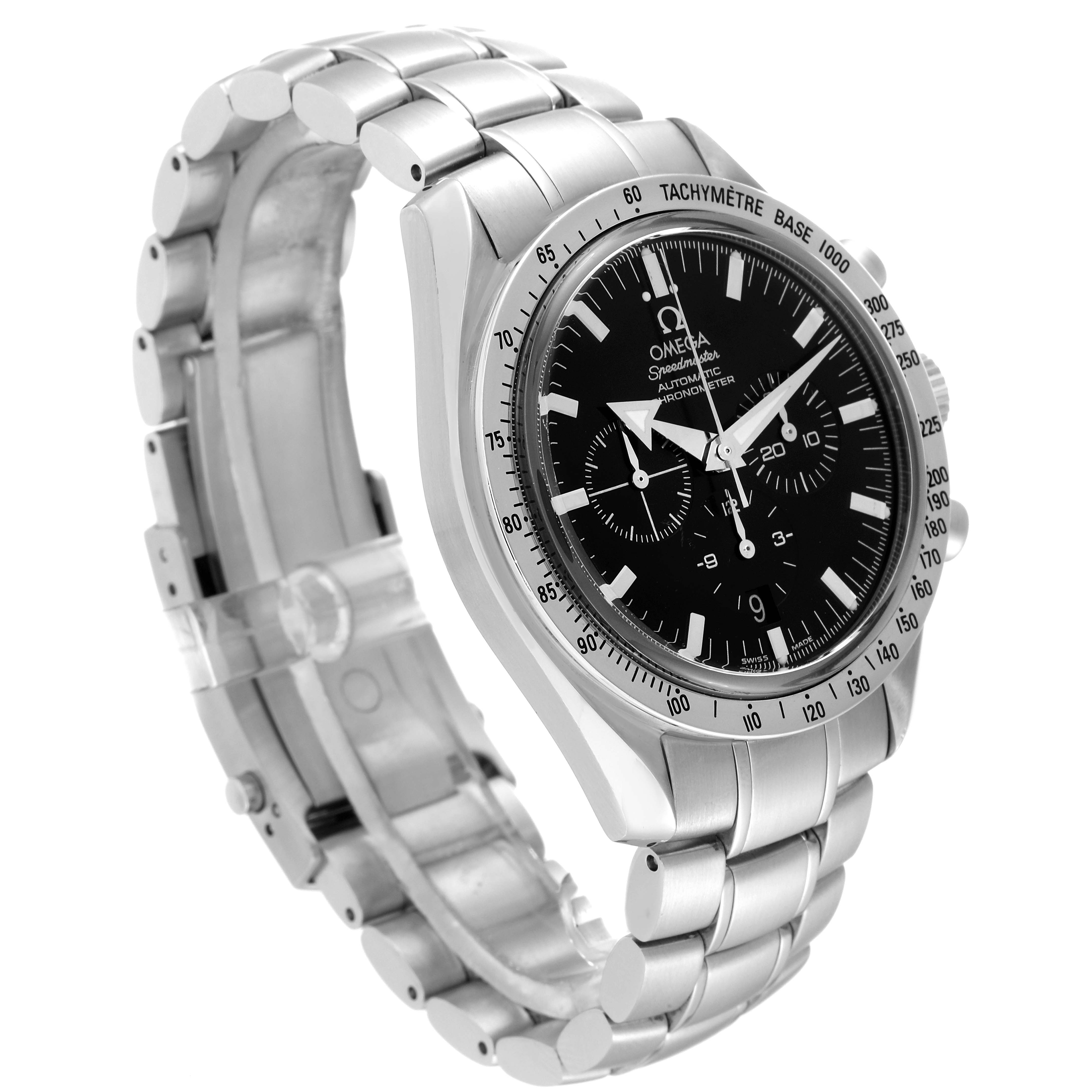 The Omega Speedmaster 3551.50.00 Men
s Stainless Steel Black Dial 3551.50.00 Men
s Stainless Steel Black Dial watch is shown at an angle displaying its black dial, tachymeter bezel, and stainless steel bracelet.
