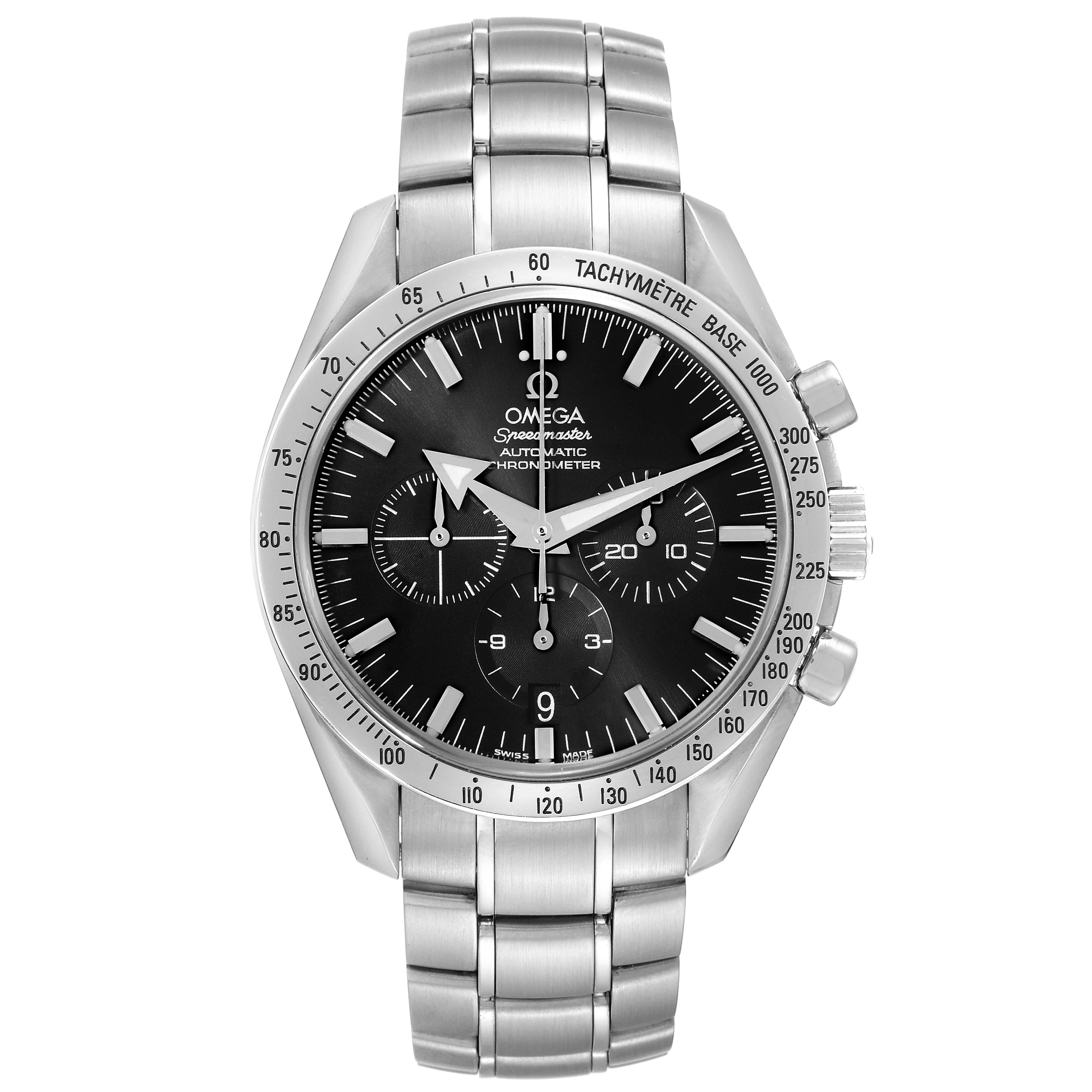 The image shows a front view of the Omega Speedmaster 3551.50.00 Men
s Stainless Steel Black Dial 3551.50.00 Men
s Stainless Steel Black Dial watch, focusing on the dial, bezel, and stainless steel bracelet.