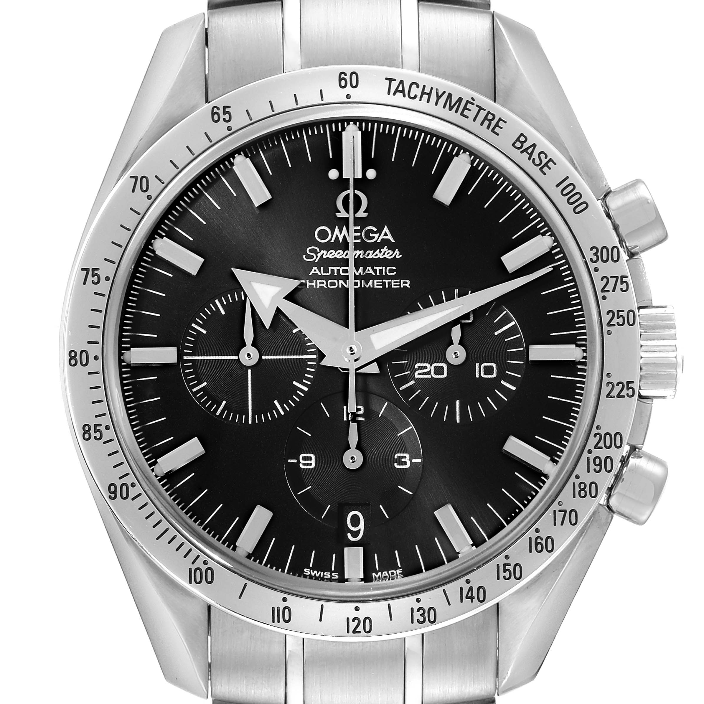 The image shows a front view of an Omega Speedmaster 3551.50.00 Men
s Stainless Steel Black Dial 3551.50.00 Men
s Stainless Steel Black Dial watch, displaying the dial, sub-dials, bezel, and part of the bracelet.
