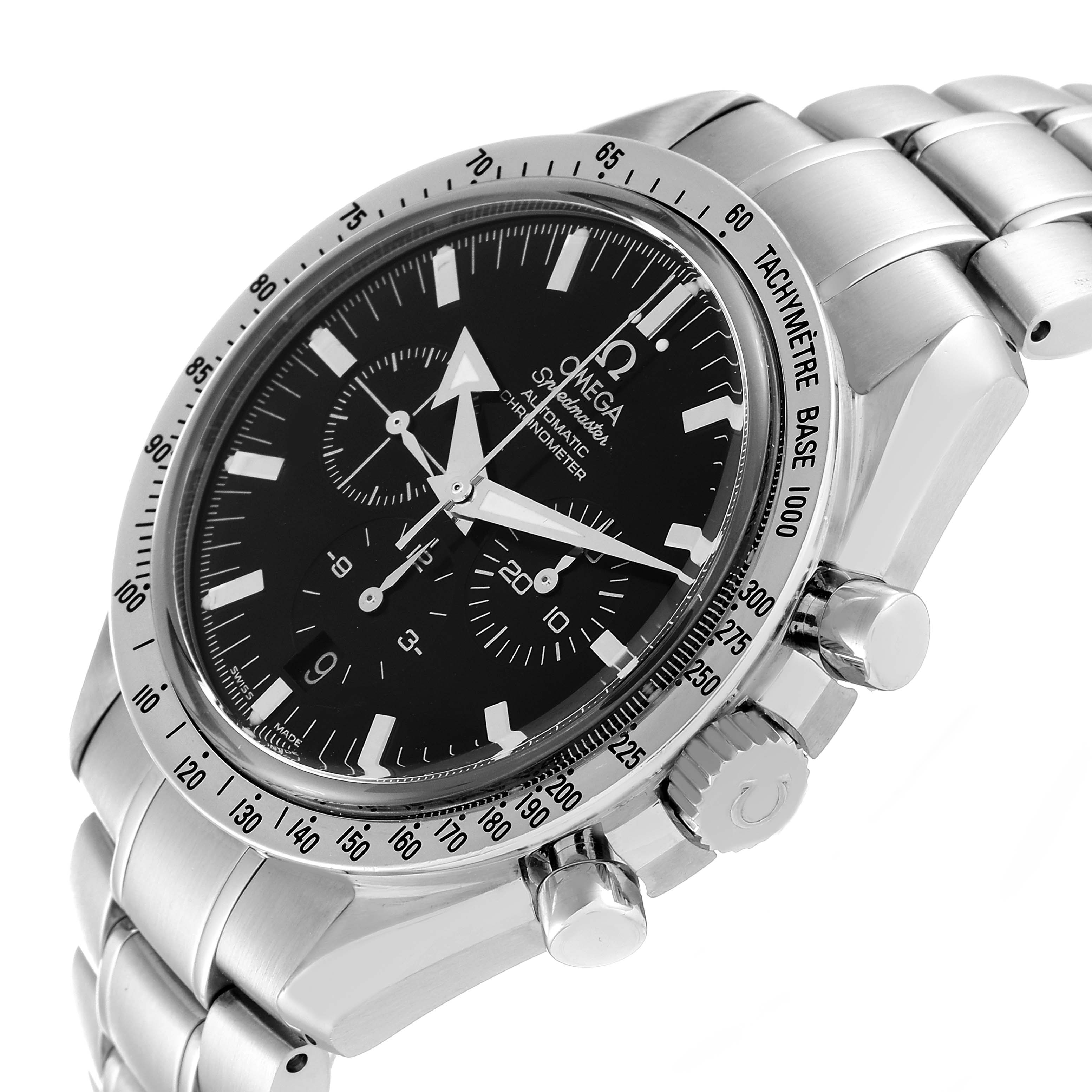 The image shows a close-up angled view of the Omega Speedmaster 3551.50.00 Men
s Stainless Steel Black Dial 3551.50.00 Men
s Stainless Steel Black Dial watch, displaying the face, bezel, crown, and part of the bracelet.