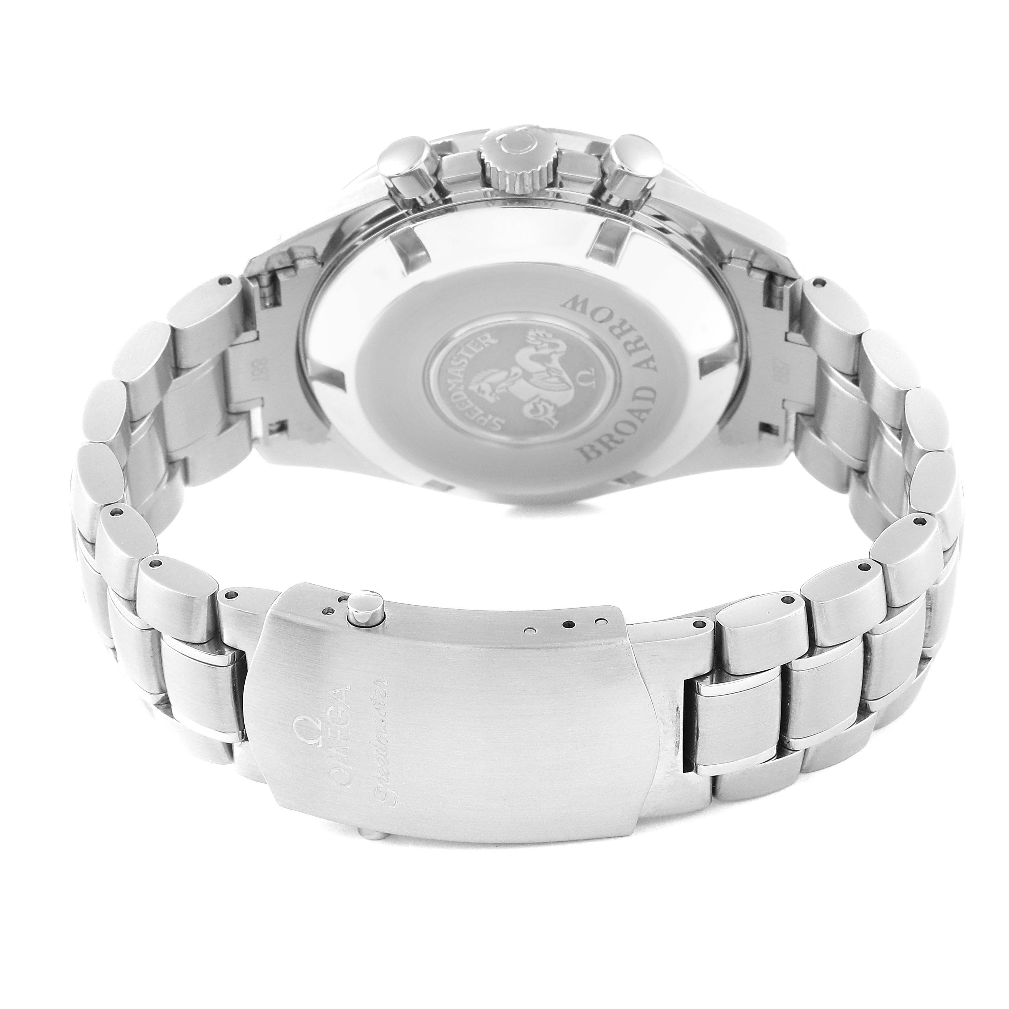 The image shows the back view of the Omega Speedmaster 3551.50.00 Men
s Stainless Steel Black Dial 3551.50.00 Men
s Stainless Steel Black Dial watch, highlighting the case back, crown, pushers, and stainless steel bracelet.