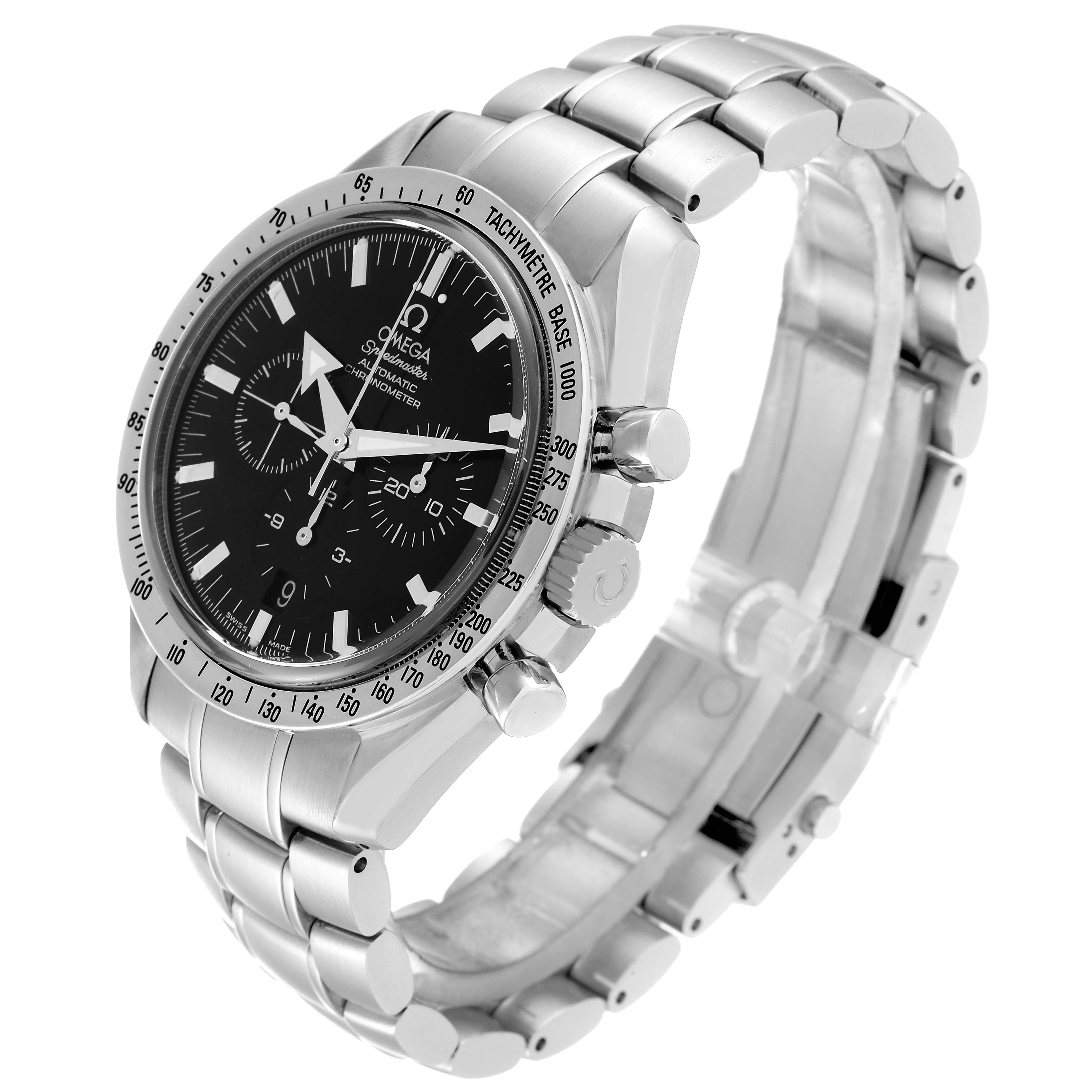 The Omega Speedmaster 3551.50.00 Men
s Stainless Steel Black Dial 3551.50.00 Men
s Stainless Steel Black Dial watch is shown at an angled view, displaying its face, bezel, and bracelet.