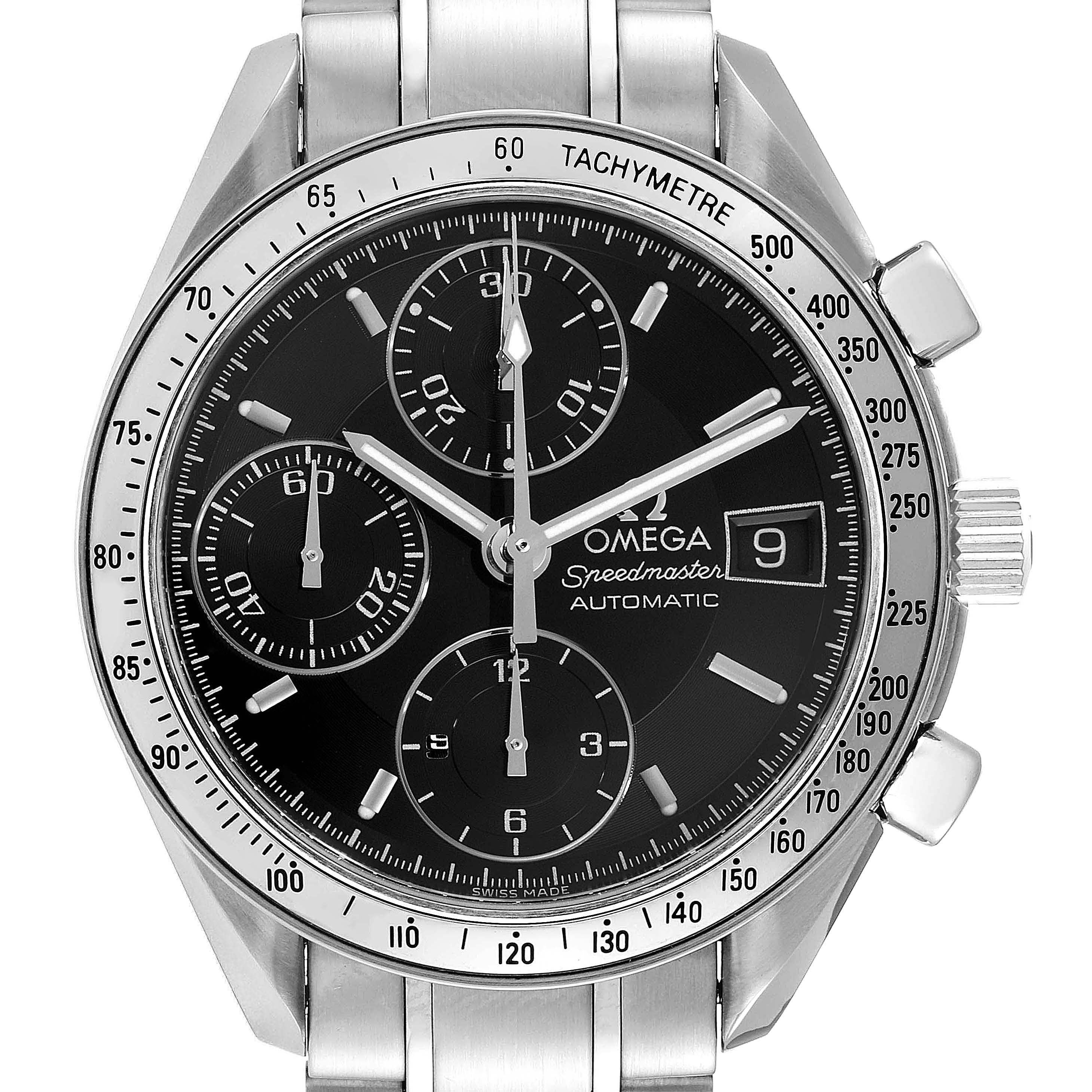 The image shows a front view of the Omega Speedmaster 3513.50.00 Men
s Stainless Steel Black Dial 3513.50.00 Men
s Stainless Steel Black Dial watch, highlighting its dial, subdials, date window, and tachymeter bezel.