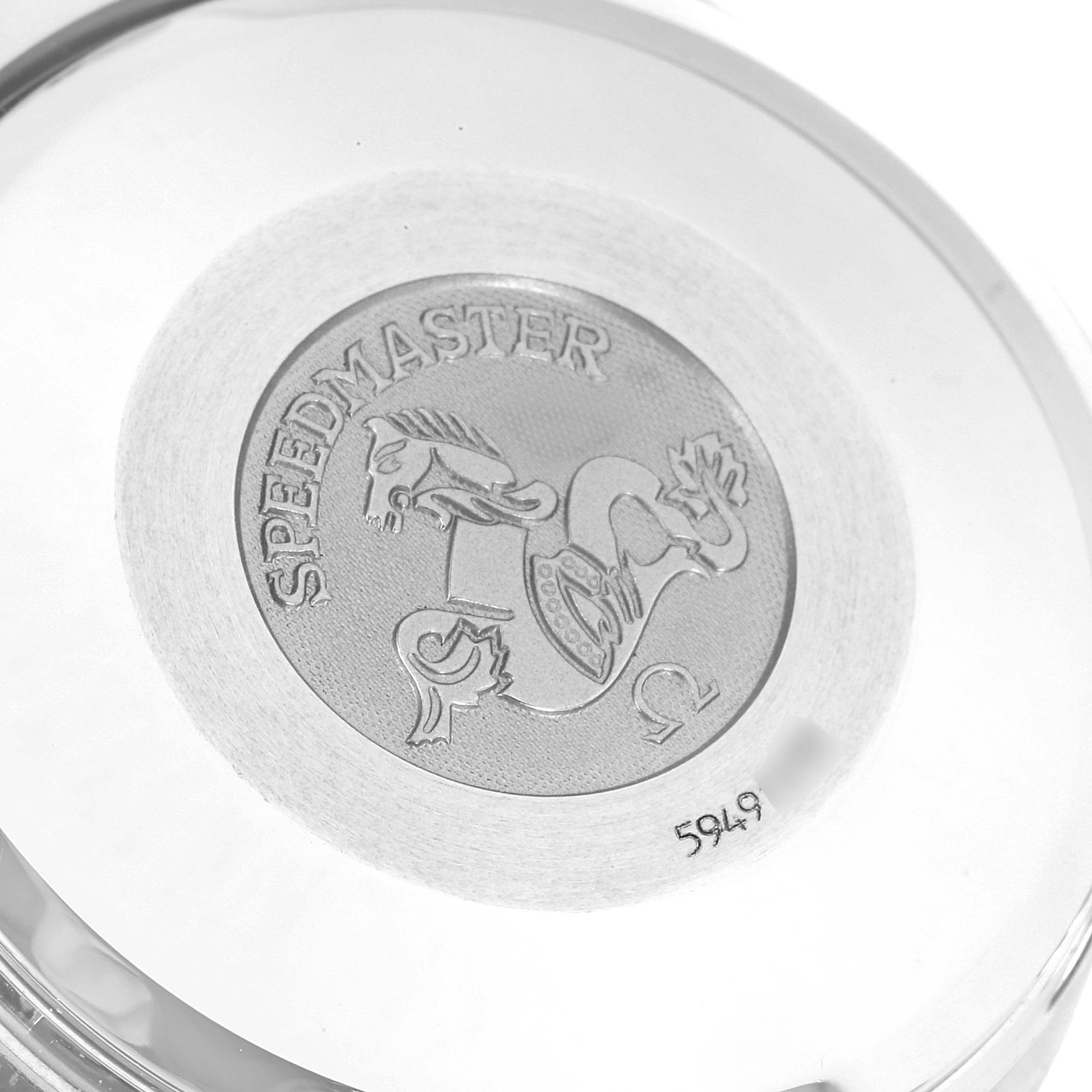 This image shows the engraved case back of an Omega Speedmaster 3513.50.00 Men
s Stainless Steel Black Dial 3513.50.00 Men
s Stainless Steel Black Dial watch with the model name and logo.