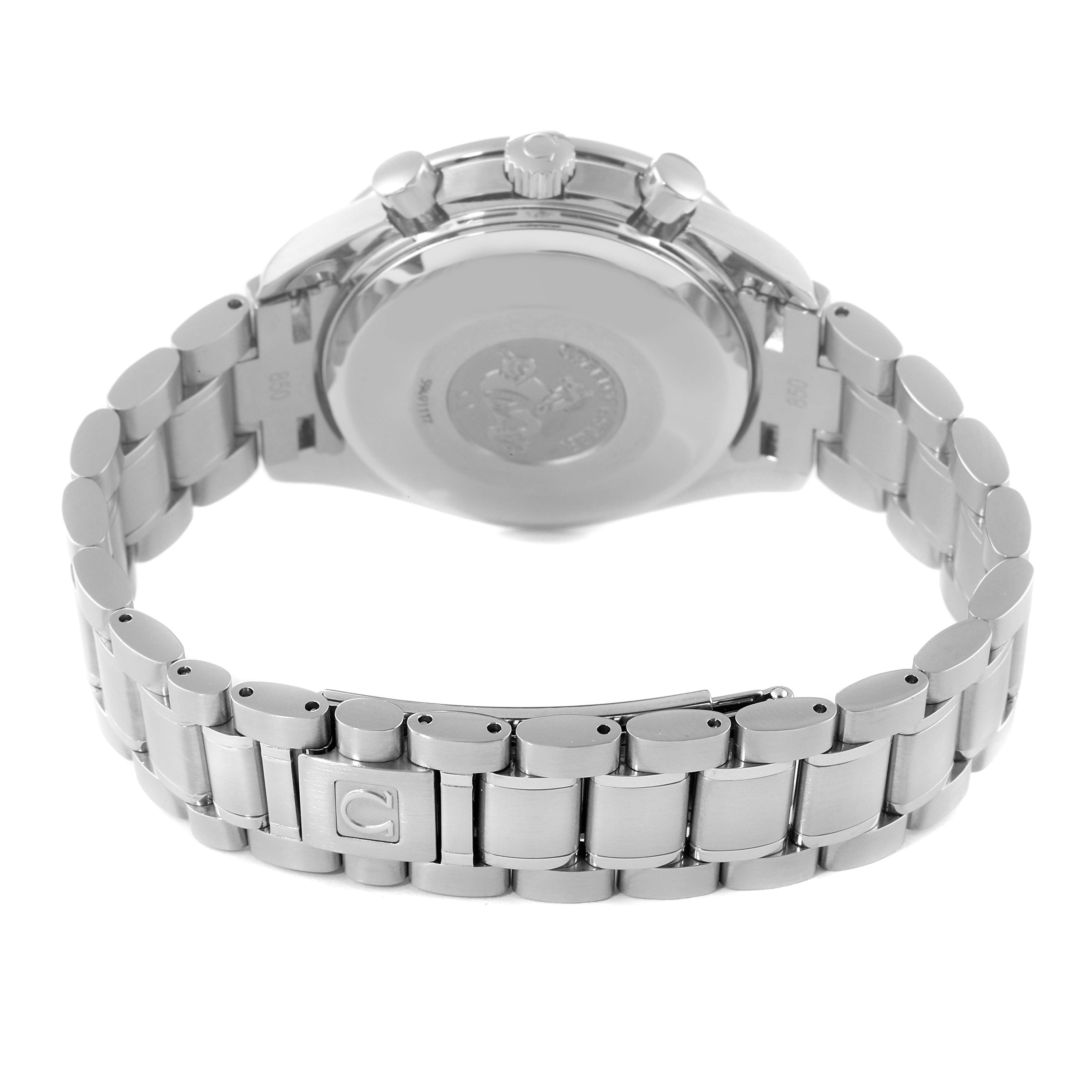 The image shows the back case and metal bracelet of an Omega Speedmaster 3513.50.00 Men
s Stainless Steel Black Dial 3513.50.00 Men
s Stainless Steel Black Dial watch from a rear angle.