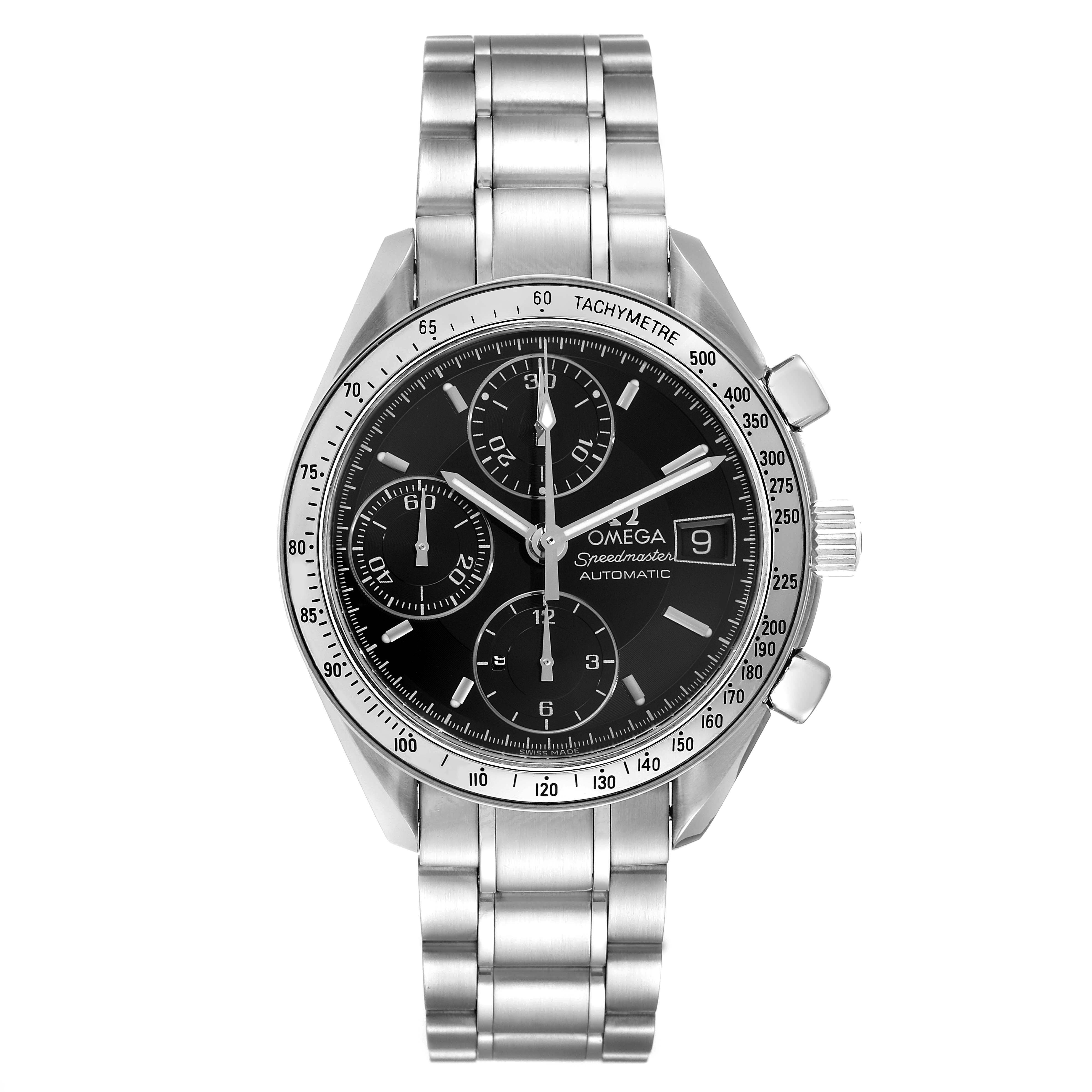 The Omega Speedmaster 3513.50.00 Men
s Stainless Steel Black Dial 3513.50.00 Men
s Stainless Steel Black Dial watch is shown from a front angle, displaying the face, bezel, dial, and stainless steel bracelet.