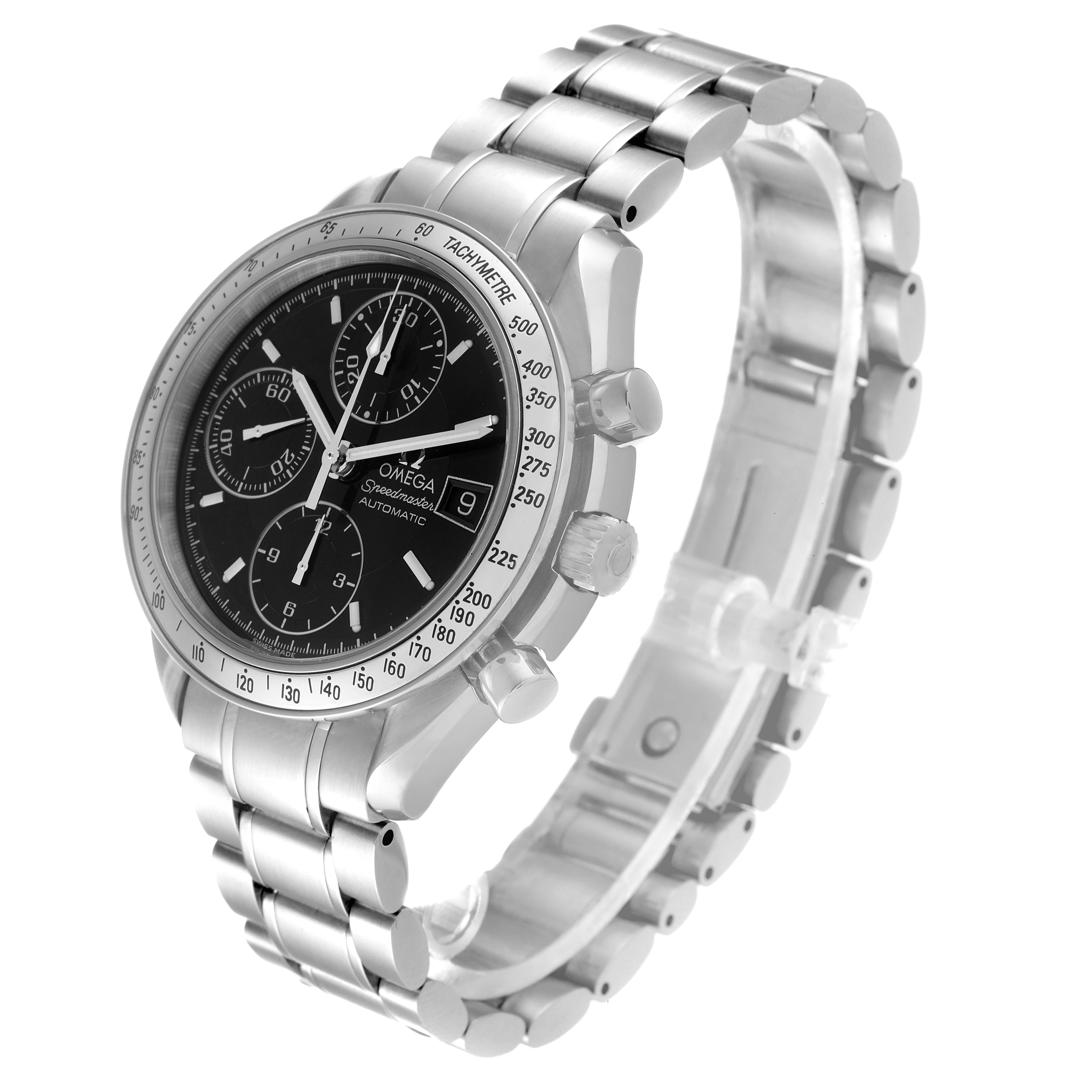 This image shows an oblique angle of the Omega Speedmaster 3513.50.00 Men
s Stainless Steel Black Dial 3513.50.00 Men
s Stainless Steel Black Dial watch, highlighting its face, bezel, and metal bracelet.