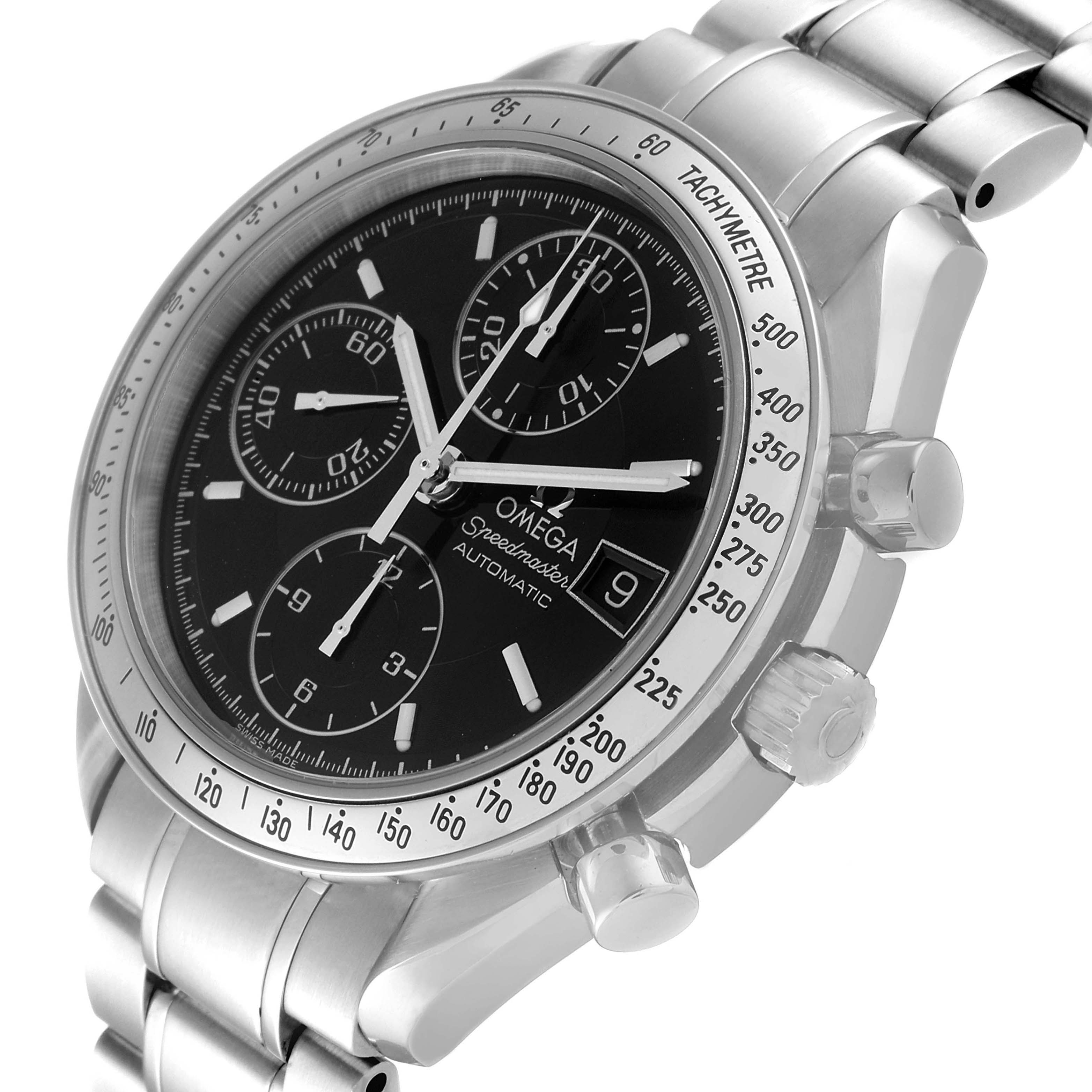 The image shows a side angle view of an Omega Speedmaster 3513.50.00 Men
s Stainless Steel Black Dial 3513.50.00 Men
s Stainless Steel Black Dial watch, highlighting its black dial, tachymeter bezel, and chronograph subdials.