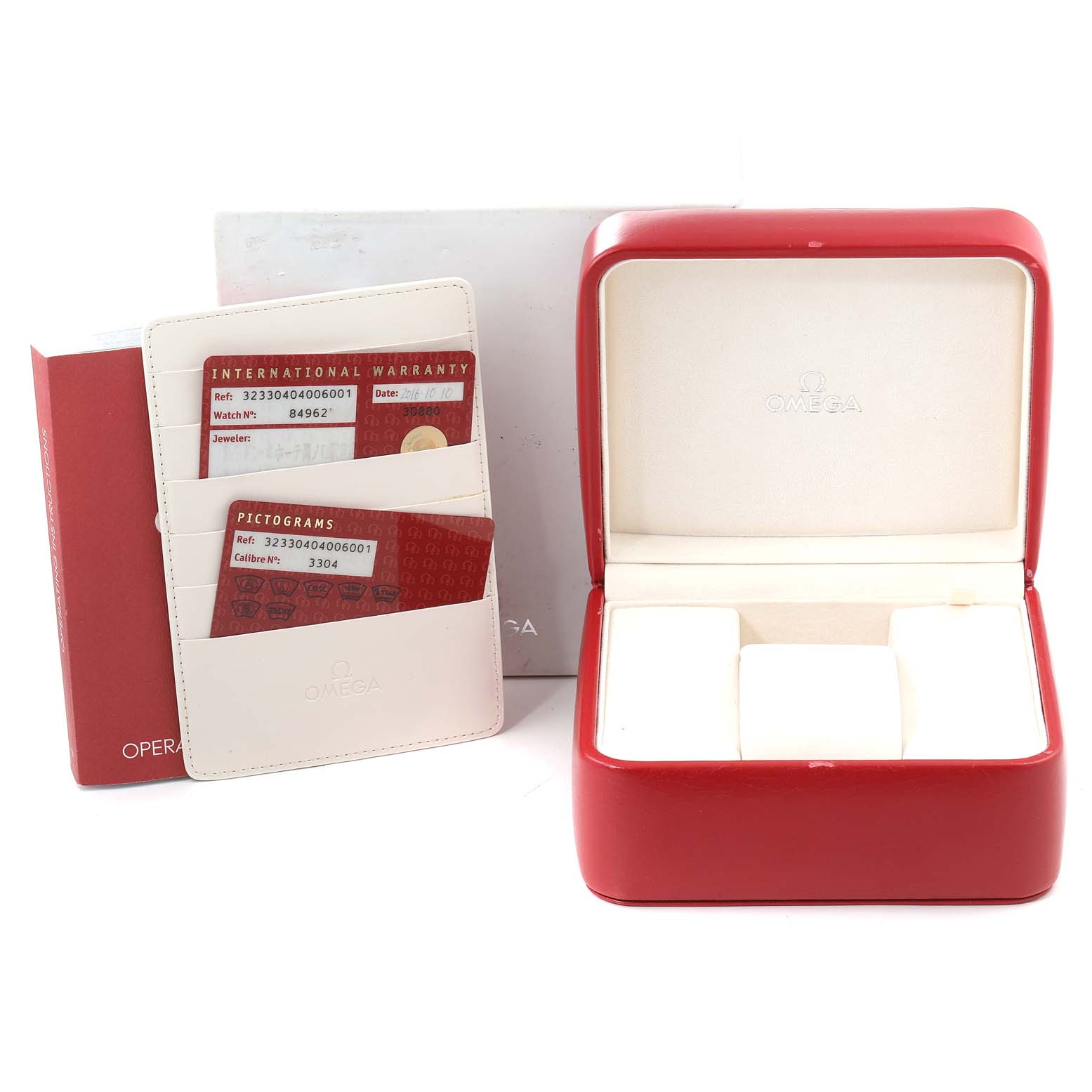 The image shows the Omega Speedmaster 323.30.40.40.06.001 Men's Stainless Steel Grey Dial 323.30.40.40.06.001 Men's Stainless Steel Grey Dial watch's packaging, including a red box, warranty cards, and a cardholder.