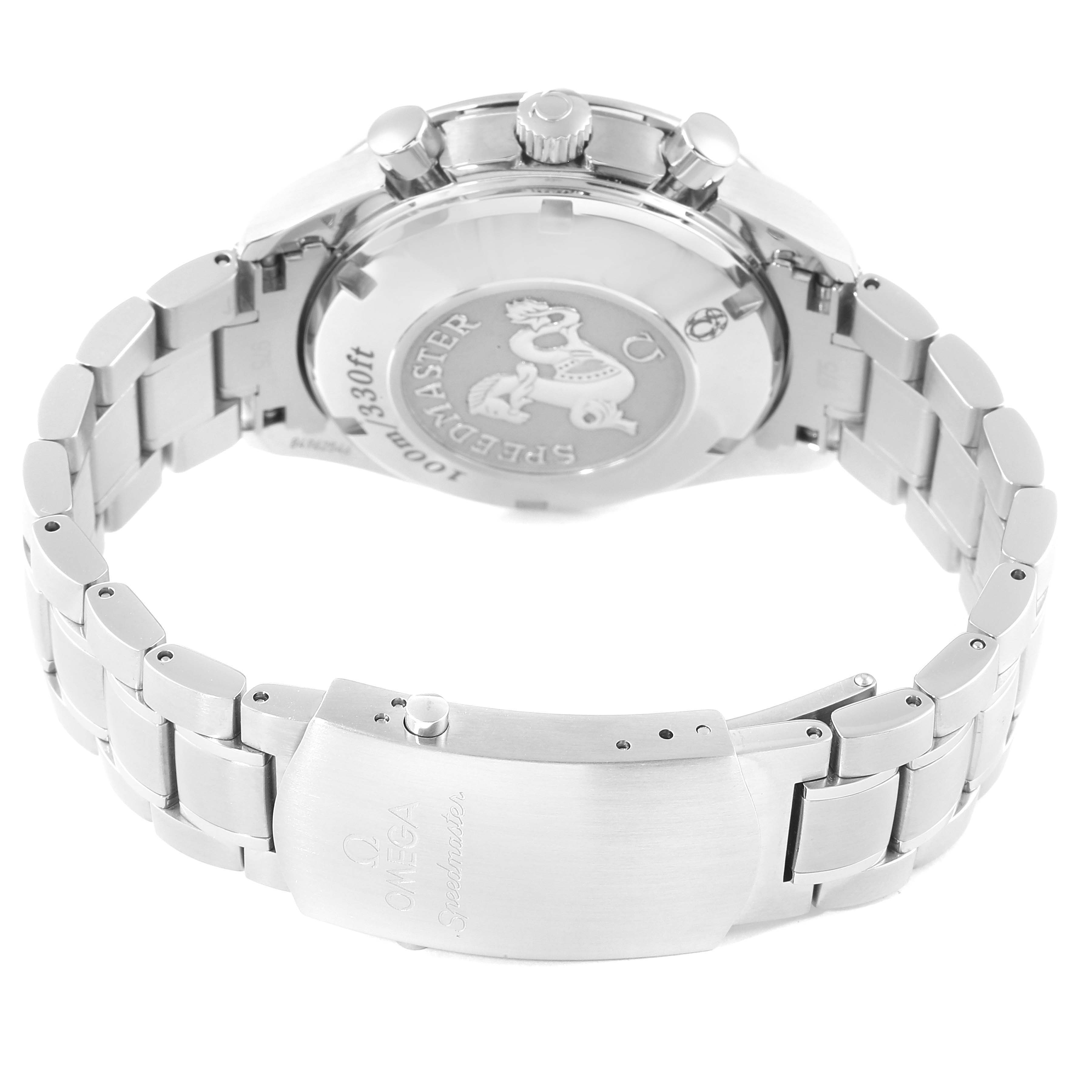 The image shows the back view of an Omega Speedmaster 323.30.40.40.06.001 Men's Stainless Steel Grey Dial 323.30.40.40.06.001 Men's Stainless Steel Grey Dial watch, highlighting the clasp and bracelet.