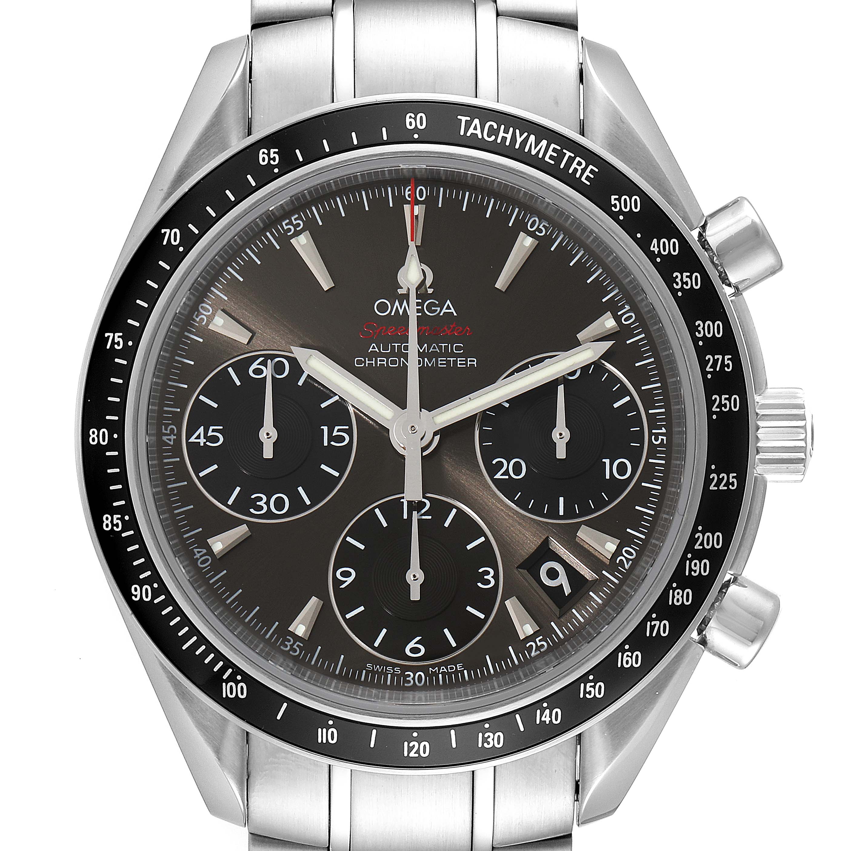 The image shows a frontal view of the Omega Speedmaster 323.30.40.40.06.001 Men's Stainless Steel Grey Dial 323.30.40.40.06.001 Men's Stainless Steel Grey Dial watch, highlighting the dial, bezel, chronograph sub-dials, and bracelet.