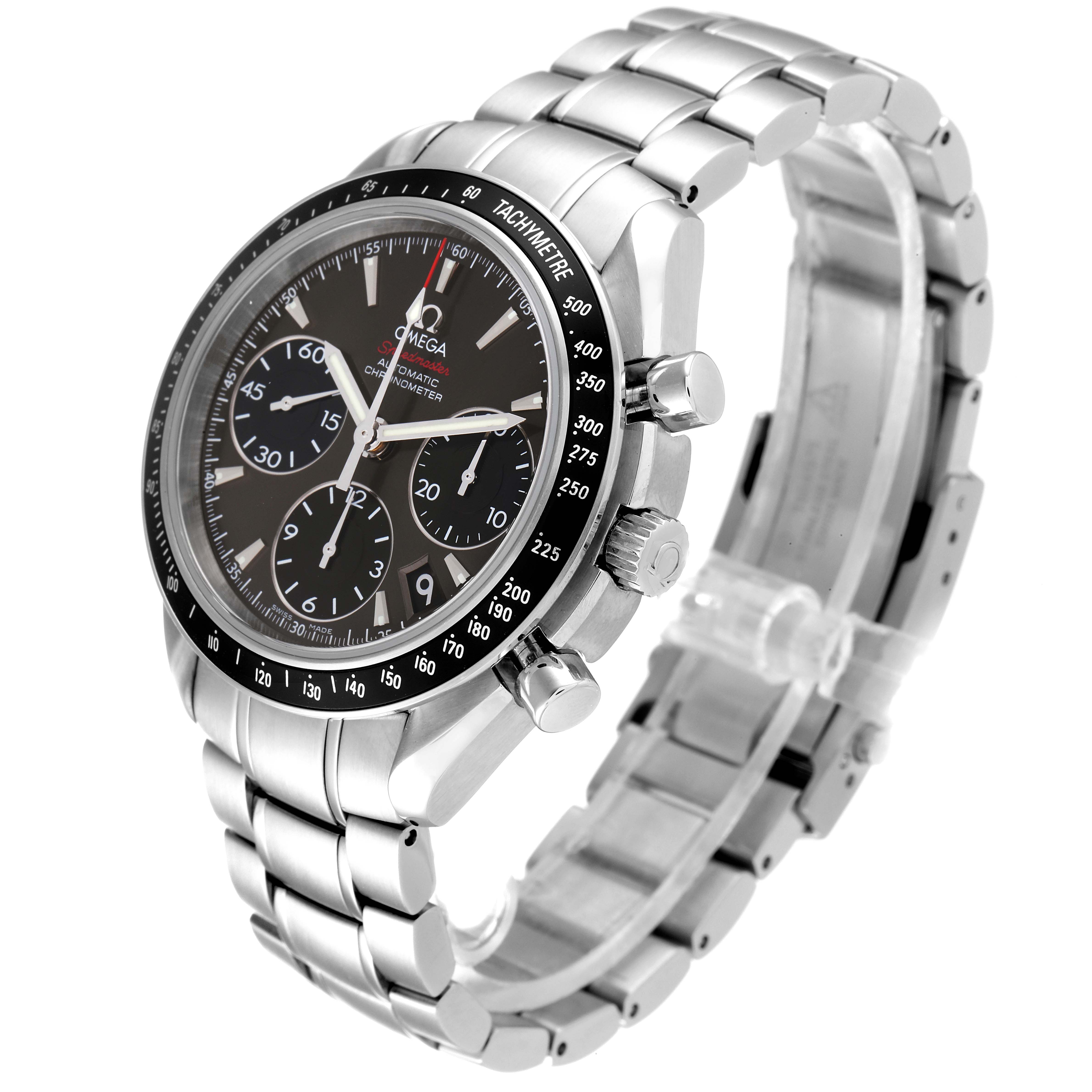 The image shows an Omega Speedmaster 323.30.40.40.06.001 Men's Stainless Steel Grey Dial 323.30.40.40.06.001 Men's Stainless Steel Grey Dial watch from a three-quarter angle, highlighting its face, chronograph dials, pushers, and metal bracelet.