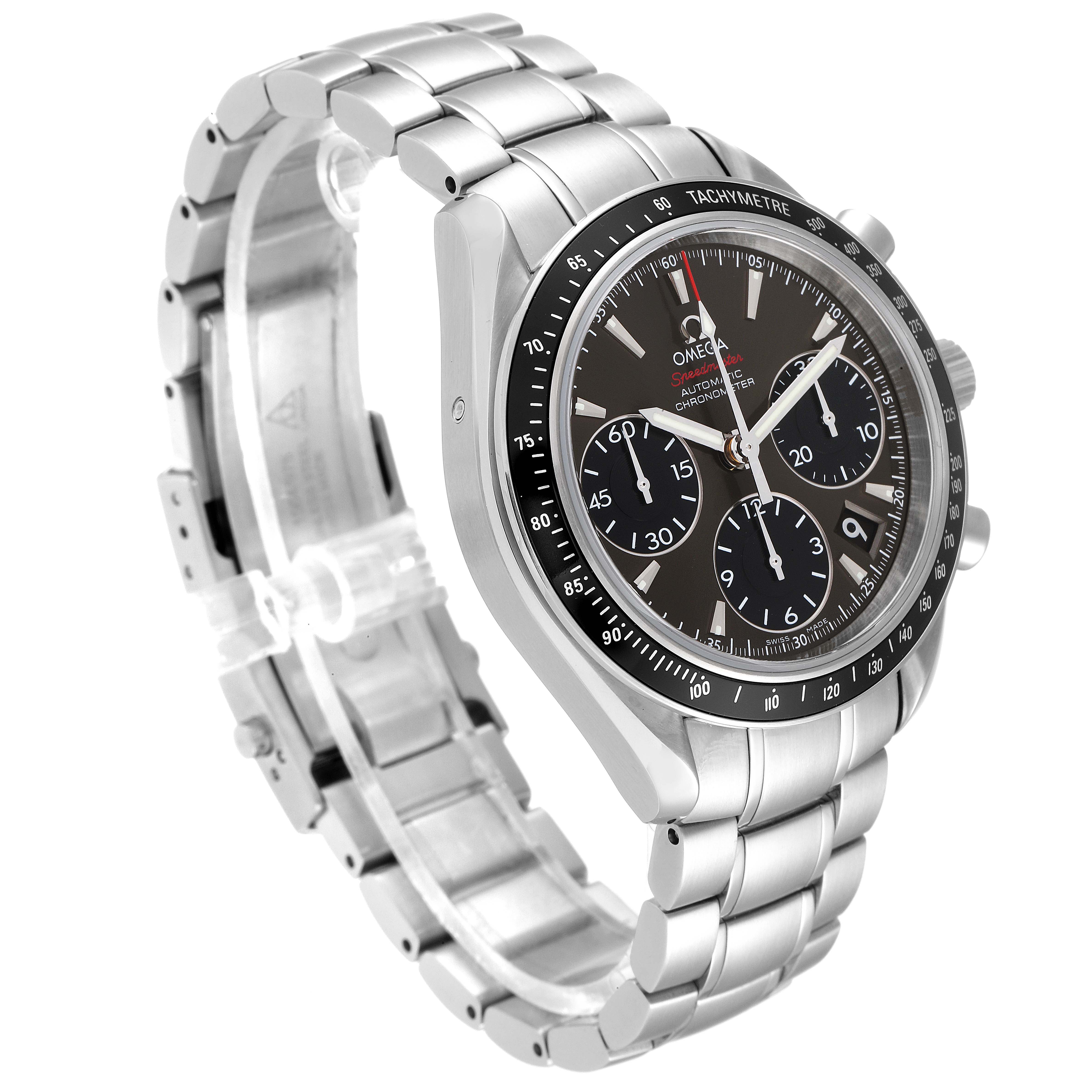 This is an angled view of the Omega Speedmaster 323.30.40.40.06.001 Men's Stainless Steel Grey Dial 323.30.40.40.06.001 Men's Stainless Steel Grey Dial watch, showcasing its face, bezel, and metal bracelet.