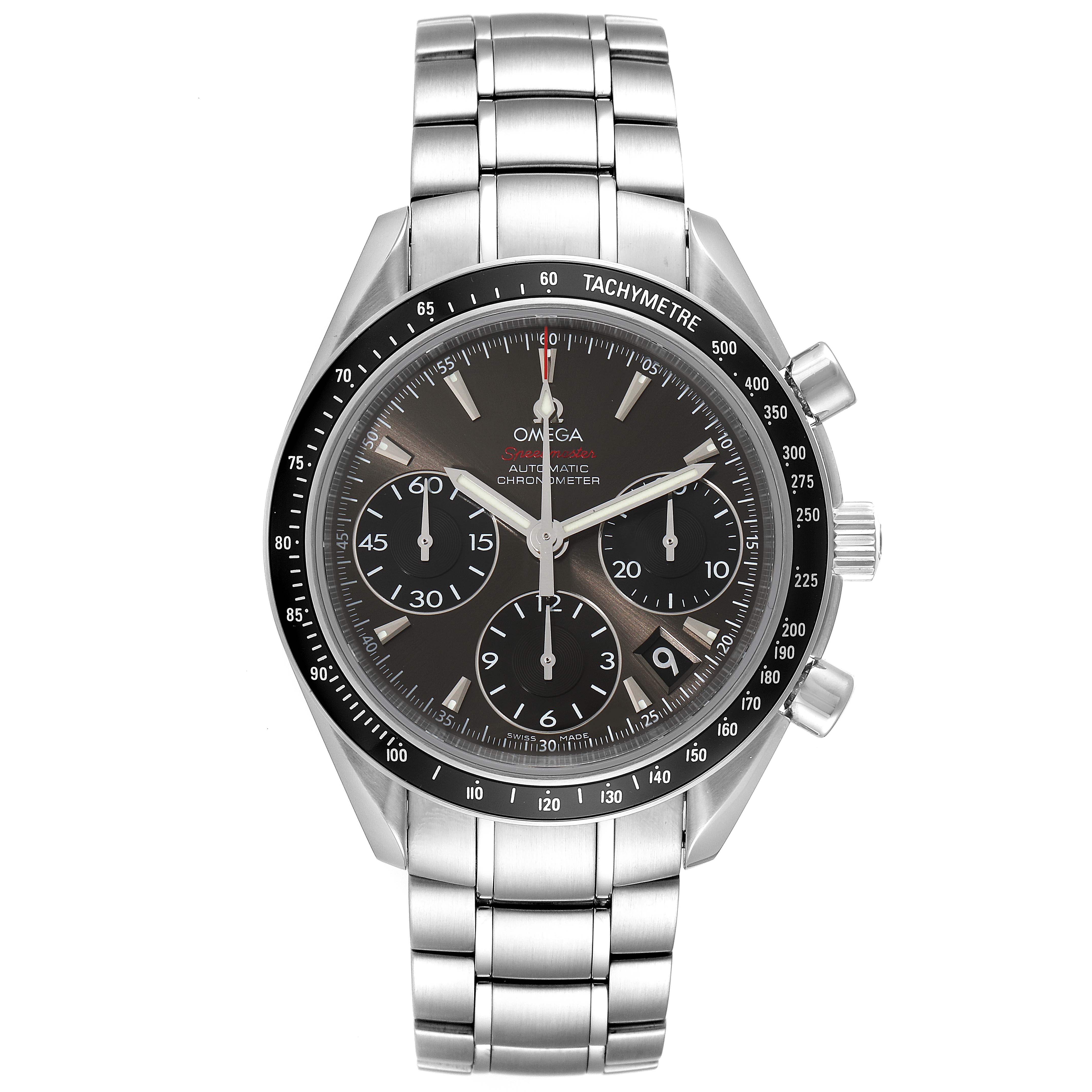 The image shows a frontal view of an Omega Speedmaster 323.30.40.40.06.001 Men's Stainless Steel Grey Dial 323.30.40.40.06.001 Men's Stainless Steel Grey Dial watch, highlighting its dial, chronograph subdials, and metal bracelet.