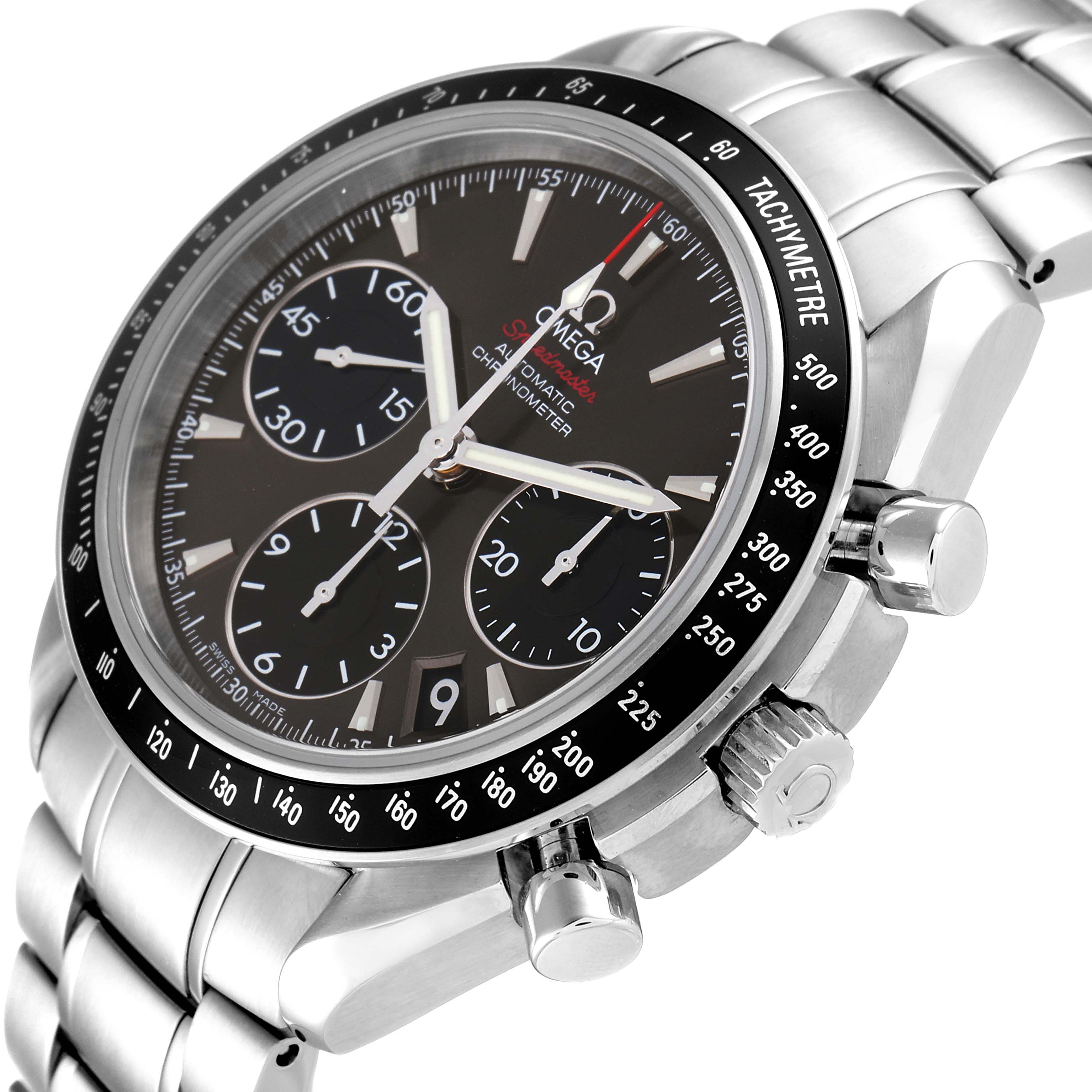 The image shows an angled view of an Omega Speedmaster 323.30.40.40.06.001 Men's Stainless Steel Grey Dial 323.30.40.40.06.001 Men's Stainless Steel Grey Dial watch, highlighting the dial, bezel, chronograph subdials, and stainless steel bracelet.